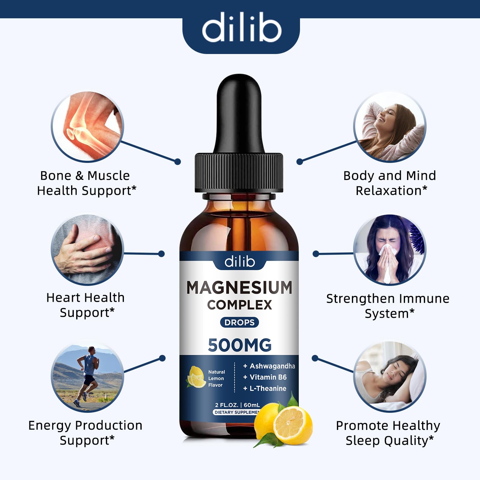 Magnesium Glycinate Liquid Drops, Triple Magnesium Complex Supplement with Citrate, Malate 500mg Ashwagandha, L-Theanine, Vitamin B6 for Sleep, Calm, Stress Relief, Bone, Muscle, Mood - Lemon Flavor dilib uk supplements