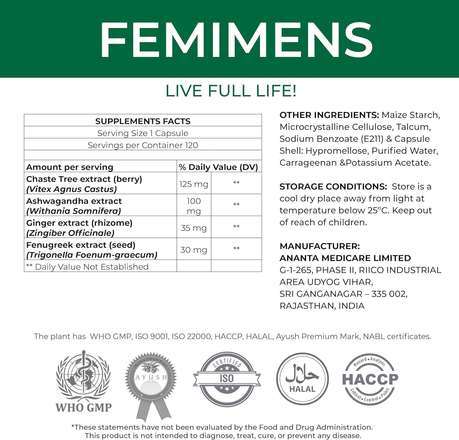 FEMIMENS – PMS Support Supplement for Women – PMS Relief for Women & Menstrual Cramp Relief – Hormonal Balance for Women – Chasteberry Vitex, Ashwagandha, Ginger, Fenugreek – 120 Vegan Capsules Ananta Medicare USA uk supplements