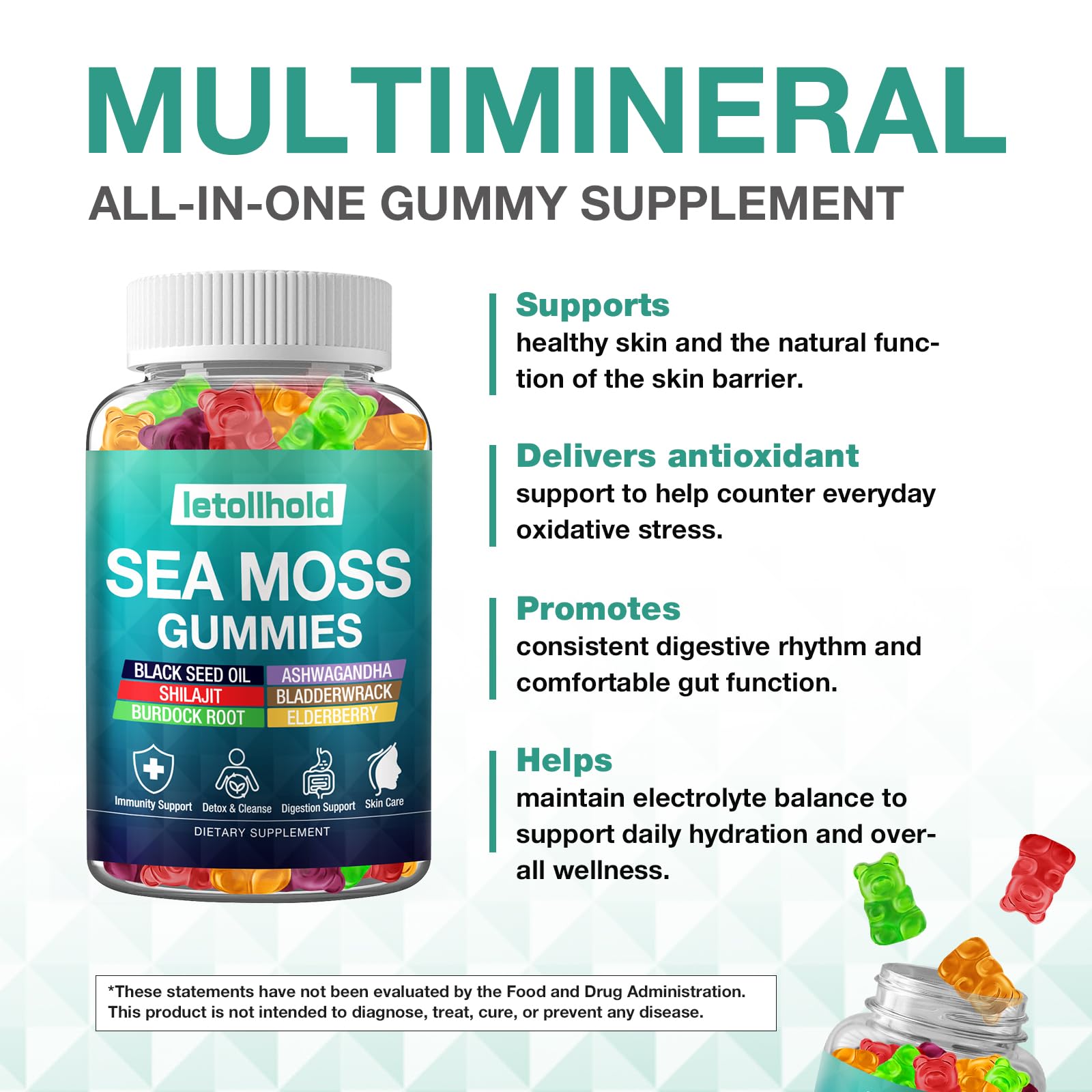 Sea Moss Gummies - Irish Sea Moss Gummies Advanced for Adults with Ashwagandha Bladderwrack & Burdock Root for Supports Immune，Energy - 60 Vegan Gummy,2PCS letollhold uk supplements