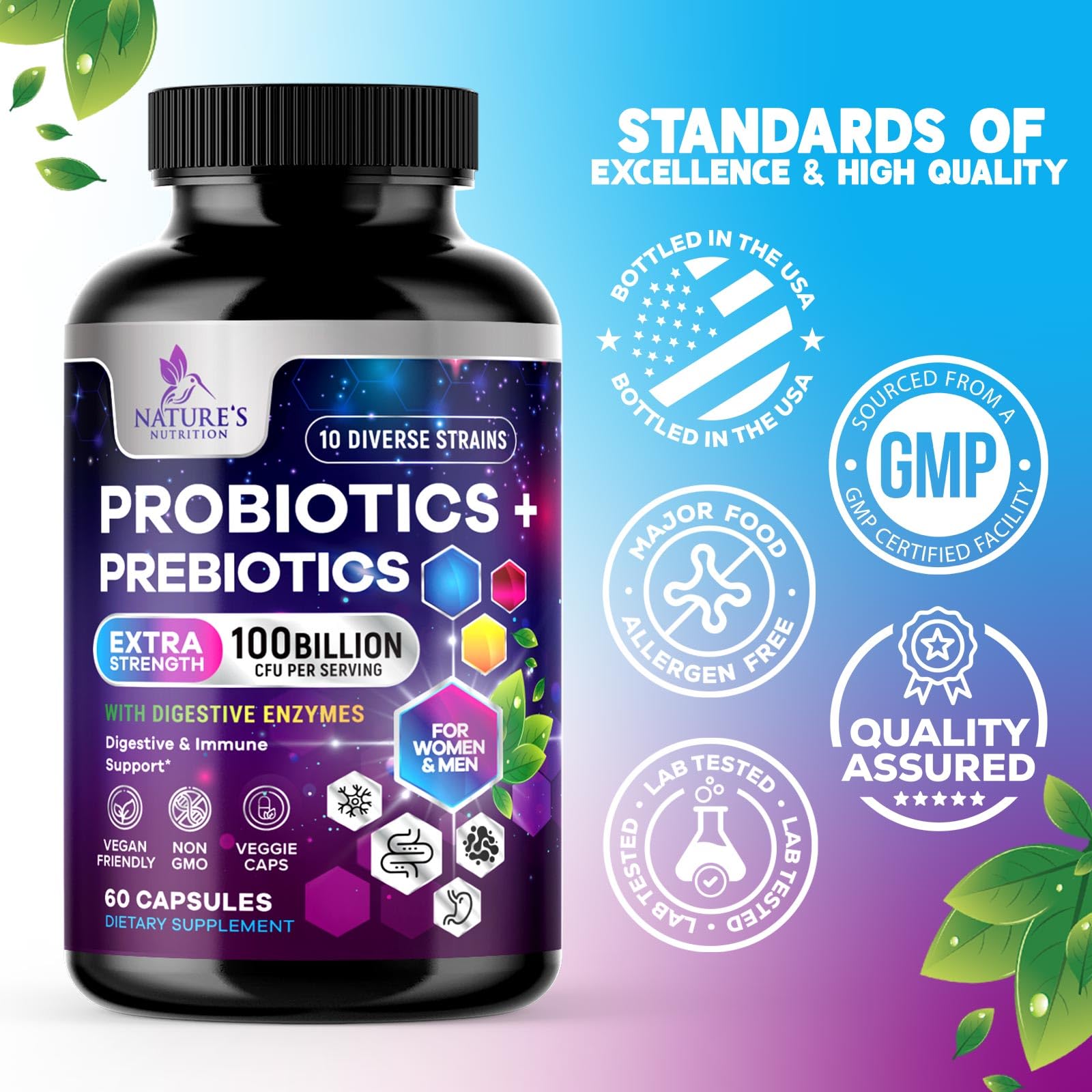 Probiotics 100 Billion CFU Per Serving - 10 Probiotic Strains & Prebiotics - Digestive Gut Health, Immune Support & Occasional Constipation, Gas & Bloating - Daily Supplement For Adults - 60 Capsules Nature's Nutrition uk supplements