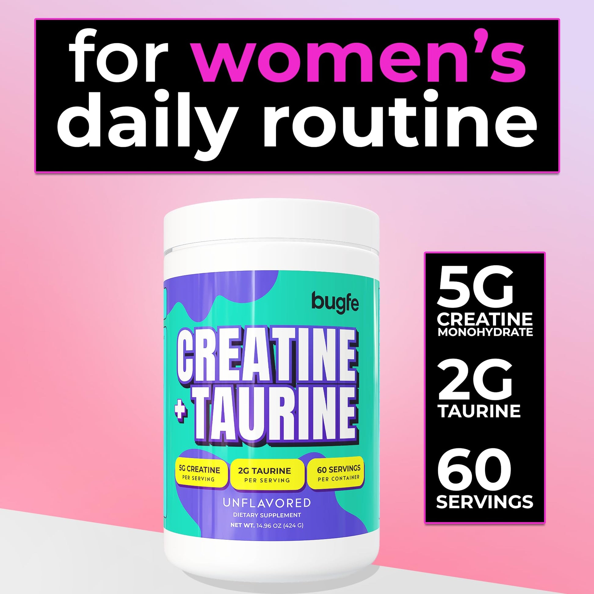 Creatine with Taurine for Women & Men - Unflavored Micronized Creatine Monohydrate Plus Taurine Powder to Support Muscle Strength, Recovery & Brain Health (60 Servings) Bugfe uk supplements