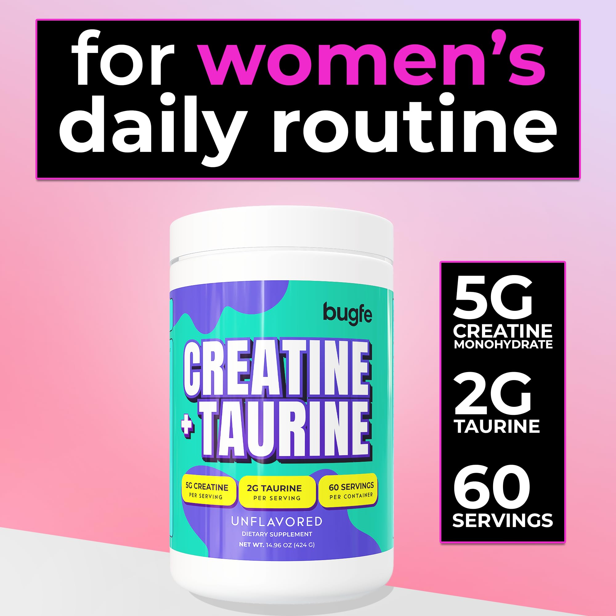 Creatine with Taurine for Women & Men - Unflavored Micronized Creatine Monohydrate Plus Taurine Powder to Support Muscle Strength, Recovery & Brain Health (60 Servings) Bugfe uk supplements