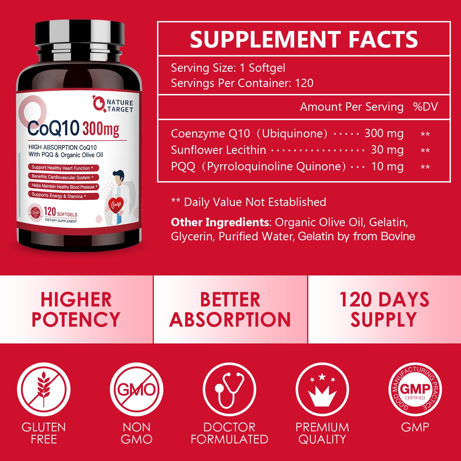 NATURE TARGET CoQ10-300mg-Softgels + PQQ with Organic-Olive-Oil - High Absorption NATURE TARGET uk supplements