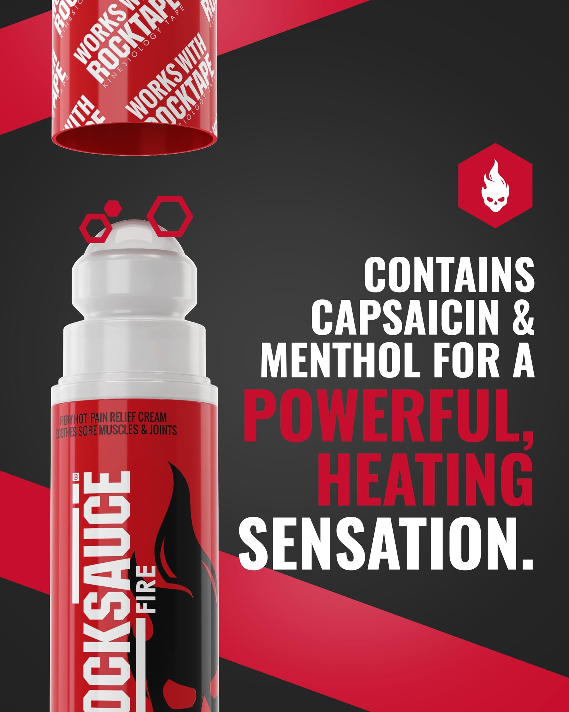 RockSauce Fire, 3 oz Roll-On - Easy to use Pain Relief Cream - Capsaicin & Menthol Formula Relieves Muscle & Joint Pain - Works w/ RockTape - No-Mess Applicator - Dye-Free, Won't Stain Clothes RockTape uk supplements