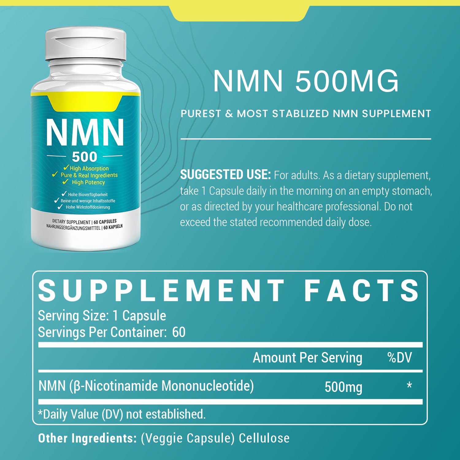 Vegan NMN Supplement 500mg, Higher Absorption - 99% Pure NMN (Nicotinamide Mononucleotide)for NAD+, Cellular Energy Immune Muscle, Anti-Aging & Longevity, Stabilized NMN - 60 Capsules (60 Days Supply) Nivantav uk supplements