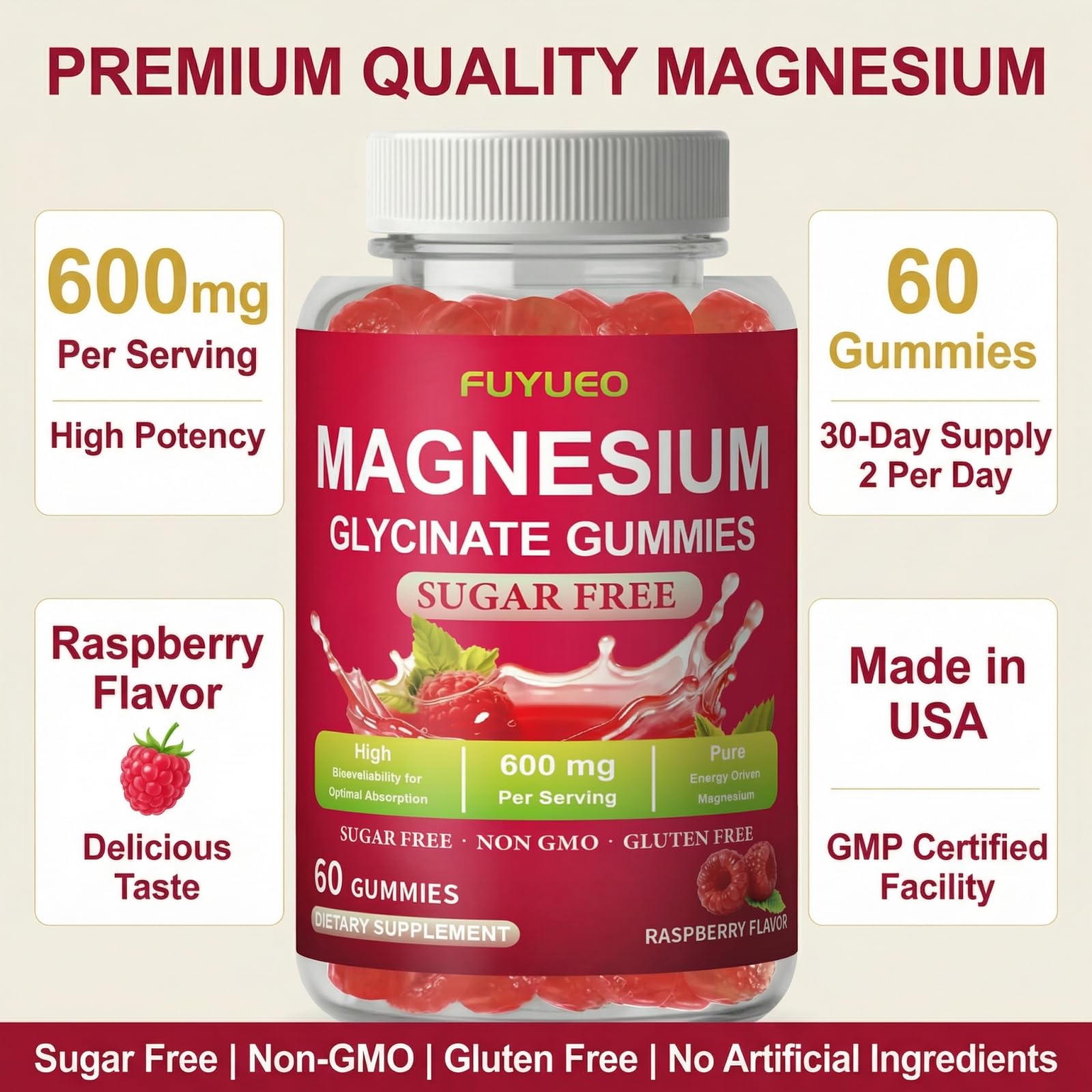 FUYUEO Magnesium Glycinate Gummies for Sleep & Relaxation, Sugar Free High Absorption Magnesium Supplement for Men & Women, Gentle on Stomach, Chewable, Raspberry, 60 Count (Pack of 1) FUYUEO uk supplements