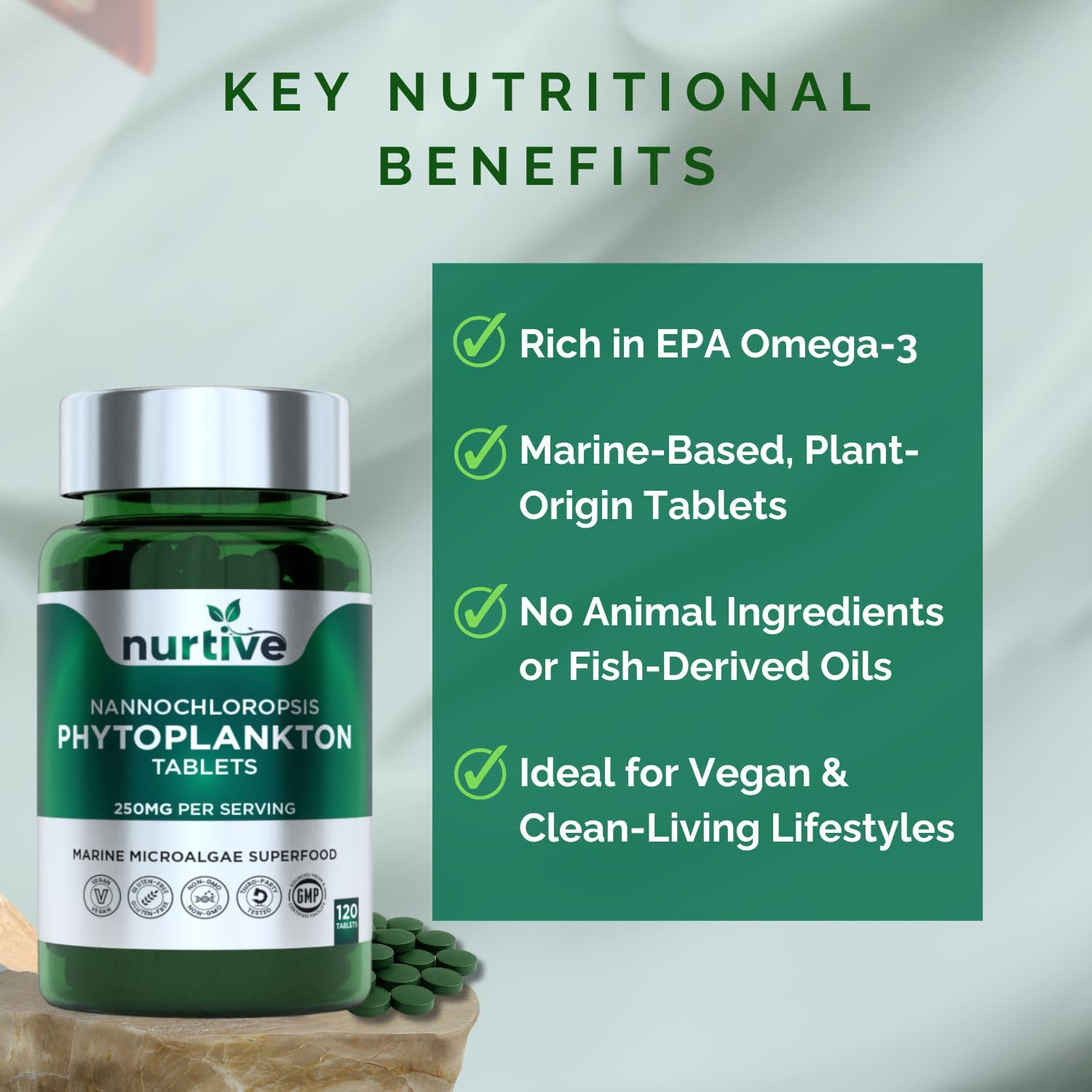 NURTIVE Nannochloropsis Phytoplankton Tablets – 250mg per Serving – Vegan, Gluten-Free, Non-GMO, No Fillers – Third-Party Tested, GMP Certified – 2 Tablets/Day for 2 Month, 120 Tablets/Bottle NURTIVE uk supplements