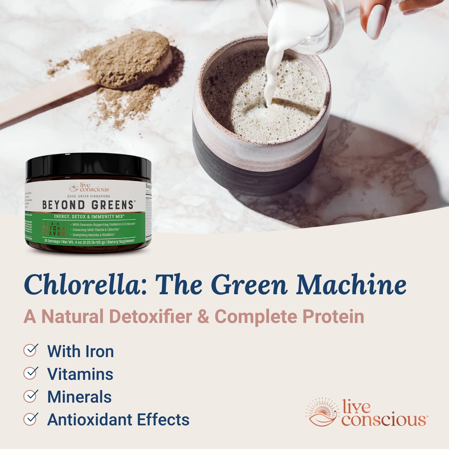Live Conscious Beyond Greens Concentrated Superfood Powder - Matcha Flavor w/Chlorella, Echinacea, Probiotics for Immune Support & Energy - 30 Servings (2-Pack) Live Conscious uk supplements