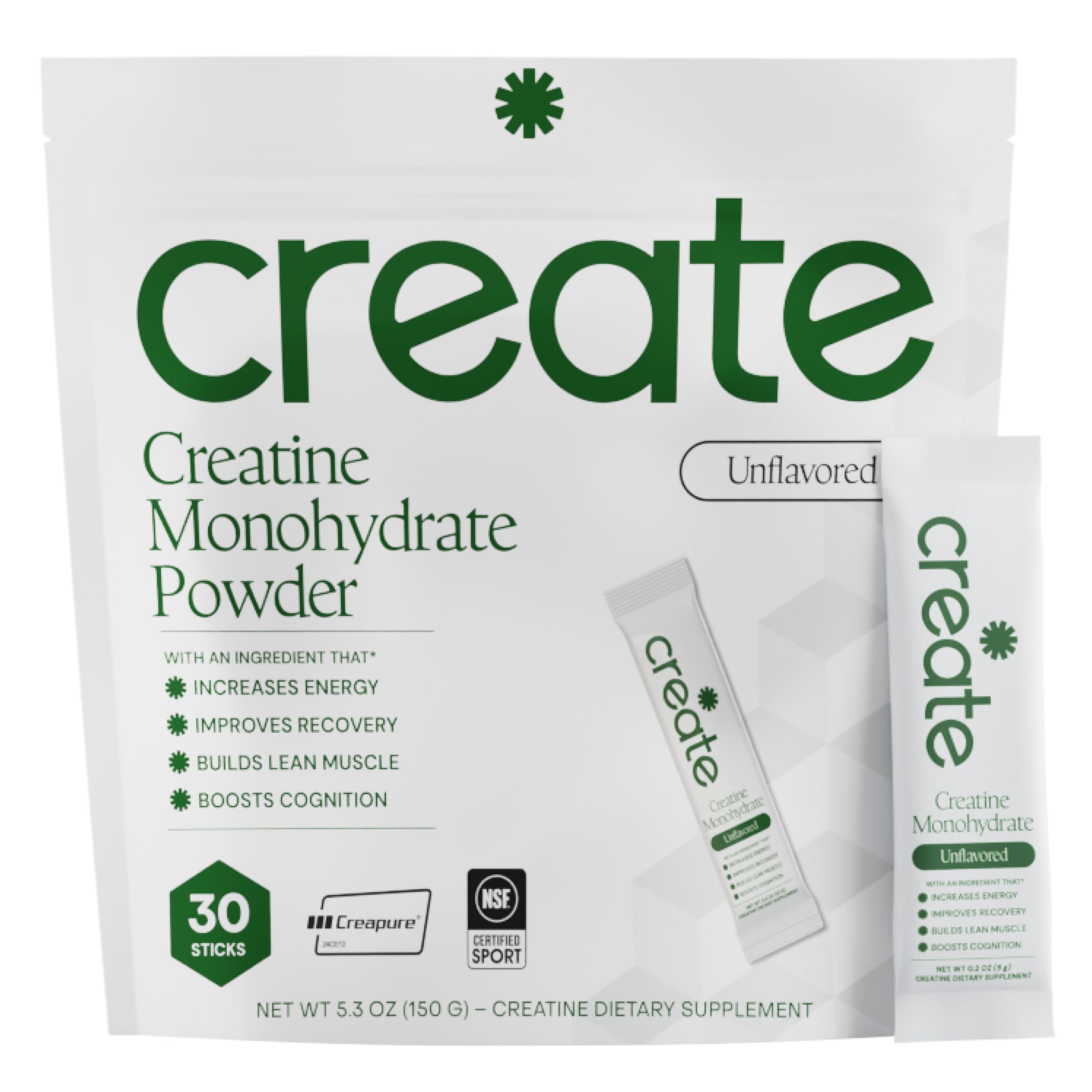 Create Creatine Monohydrate Powder - Creatine Travel Packets, Made with Creapure, 3rd Party Tested & NSF Certified for Sport, 30 Stick Packs, Unflavored Create uk supplements