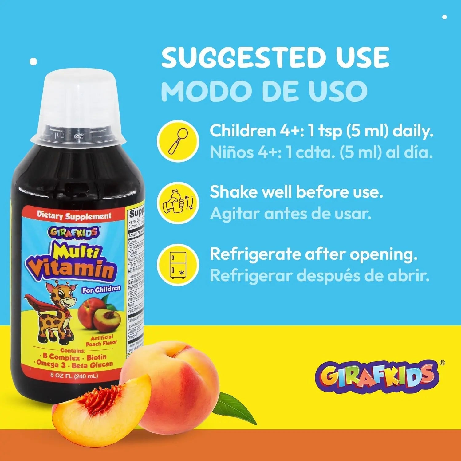 GirafKids Liquid Multivitamin for Kids Ages 4+, 8oz - Daily Child Vitamins with Biotin, Vitamin A, B Complex, Folic Acid, Omega-3 & Beta Glucan PHARMADEL uk supplements