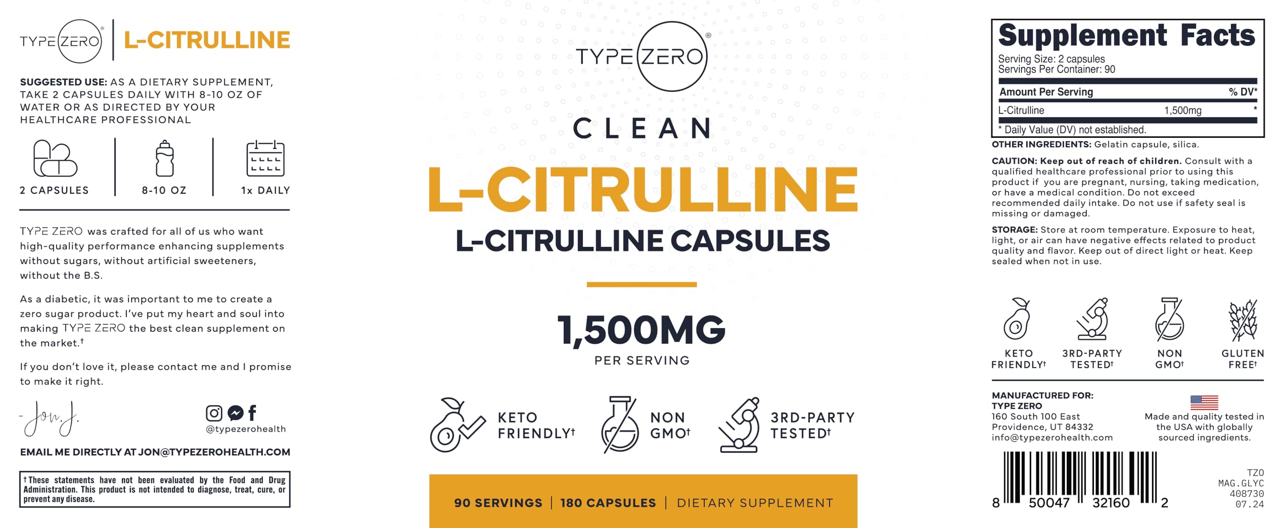 Type Zero L-Citrulline Capsules (180 Capsules) (1500 mg per Serving) - GMO-Free Type Zero uk supplements