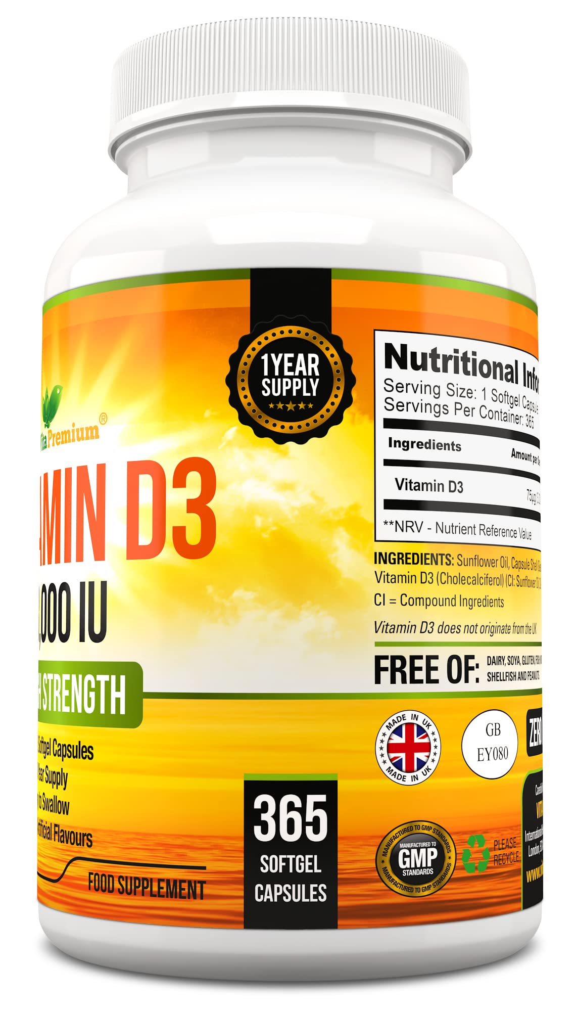 Vitamin D 3,000 IU, High Strength Vitamin D3 Supplement, 365 Easy to Swallow Softgels Vita Premium uk supplements