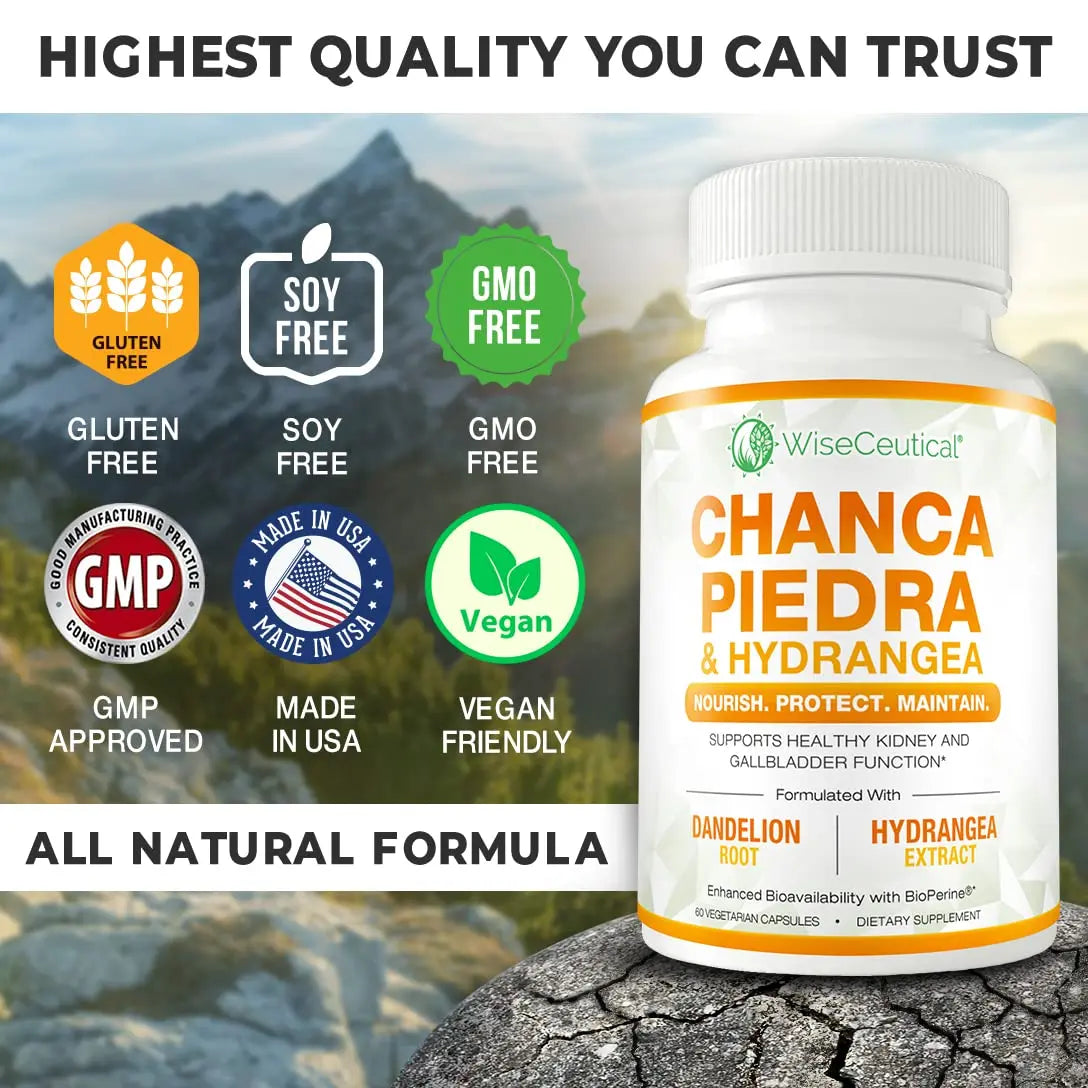 Max Strength Chanca Piedra, Hydrangea & Dandelion Root - Natural Kidney & Gallbladder Formula - Stone Breaker, Flush Impurities, Cleanse Urinary Tract - Enhanced with BioPerine. 60 Veggie Capsules. Wiseceutical uk supplements