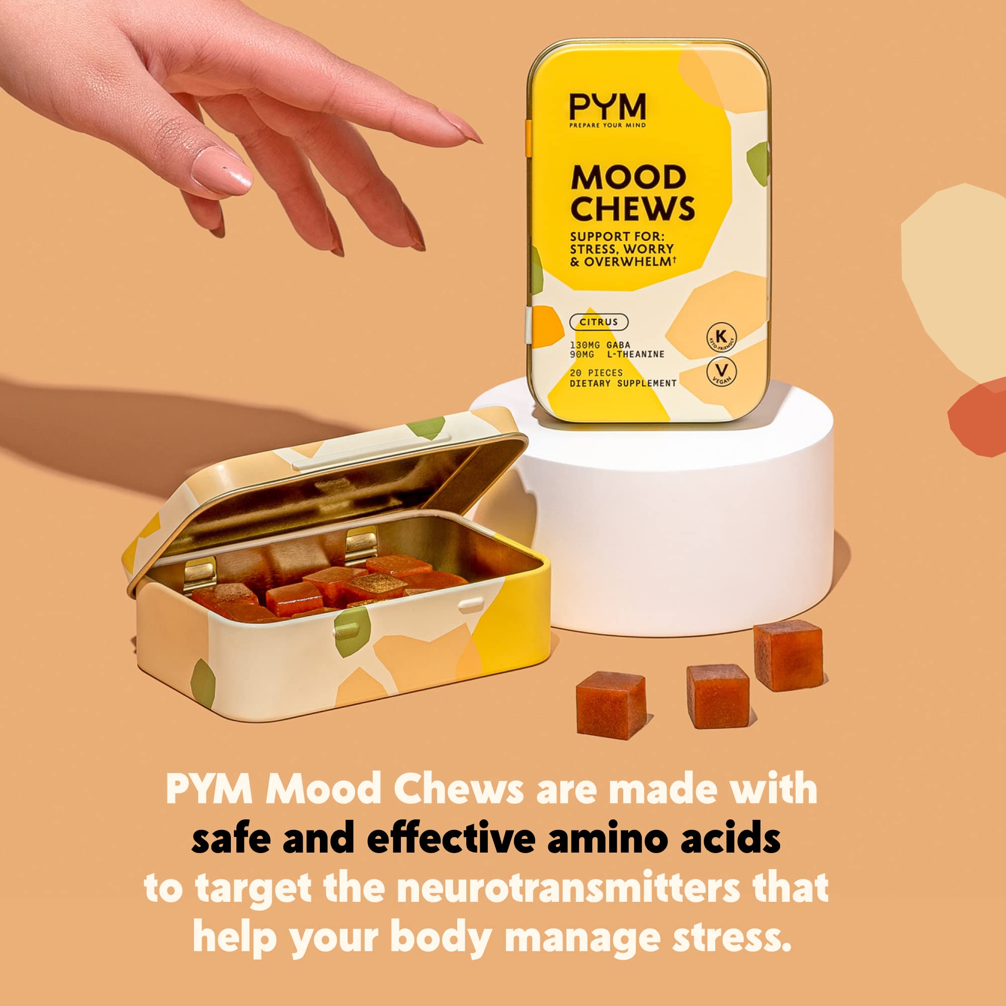 PYM Citrus Mood Chews Support for Stress, Worry & Overwhelm, 120 Count | 130mg GABA, 90mg L-Theanine | Vegan, Non-GMO, Gluten-Free, No Added Sugar | All-Natural Mood Balance Supplement Made in USA PYM Health uk supplements