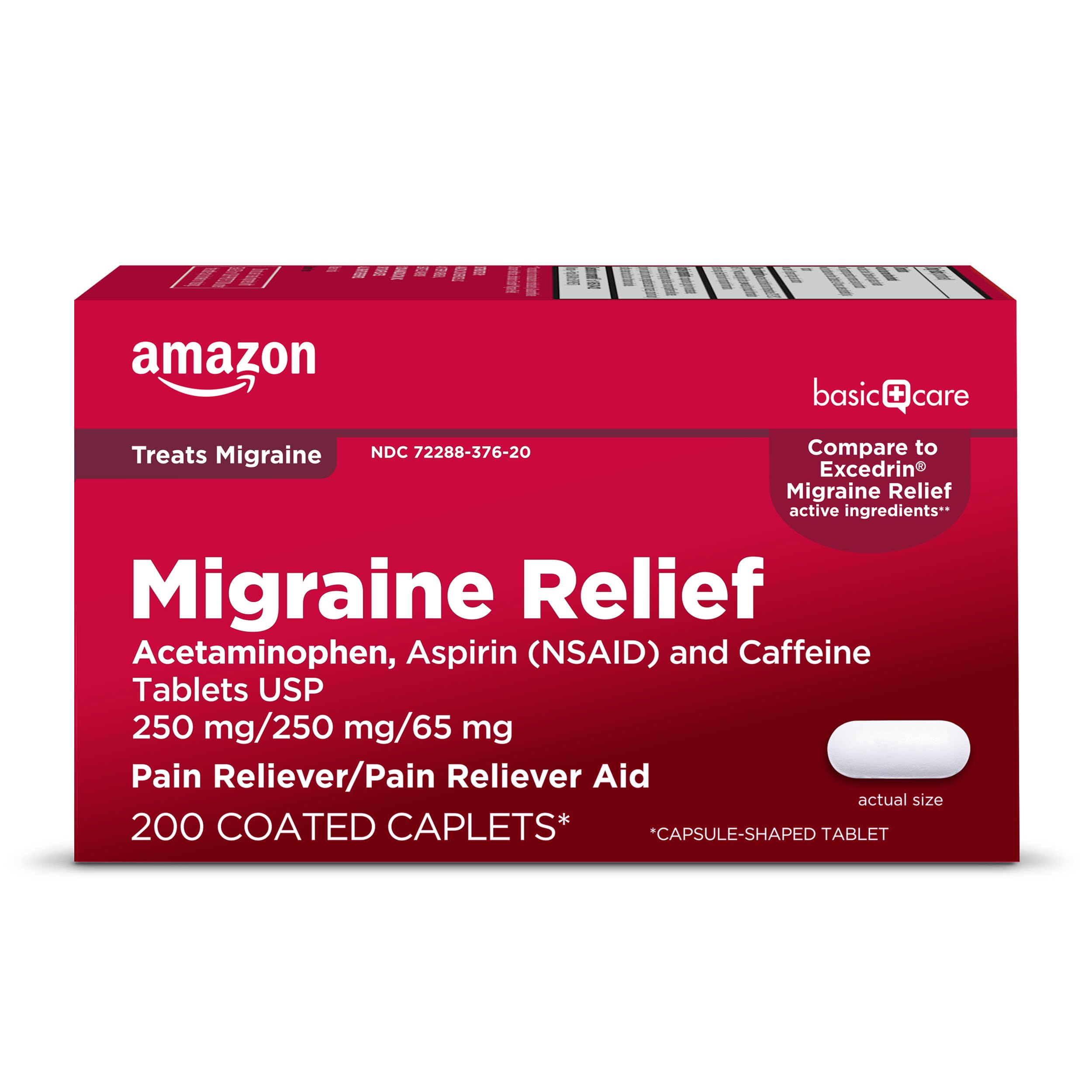 Amazon Basic Care Migraine Relief Acetaminophen, Aspirin (NSAID) and Caffeine Tablets, Pain Reliever/Pain Reliever Aid, 200 Count Amazon Basic Care uk supplements