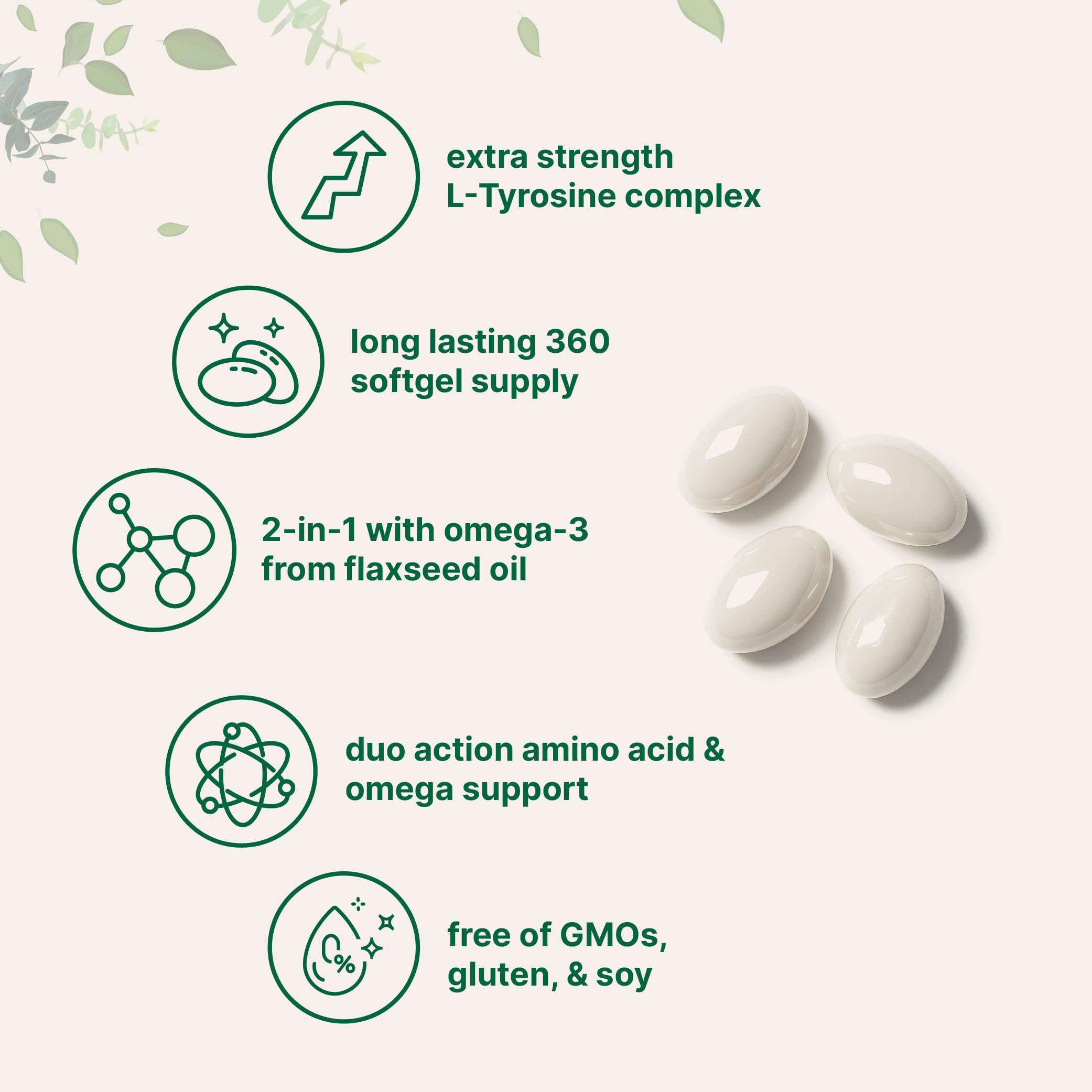 L Tyrosine Supplement 500mg with Omega-3, 360 Softgels | Duo Action Amino Acids + Omega from Flaxseed Oil 1,000mg with ALA | Heart and Mood Support | Brain Supplements for Memory and Focus | Non-GMO Micro Ingredients uk supplements