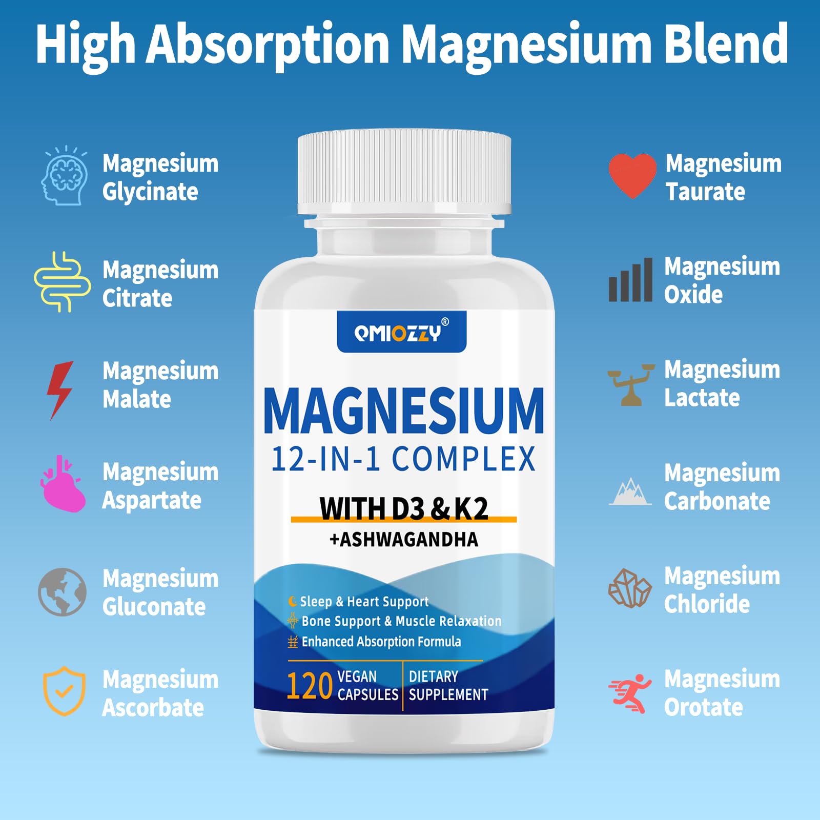 Magnesium Complex 12 in 1 Supplement for Women & Men 700mg, Magnesium Glycinate with Vitamin D3 K2, Citrate Malate Oxide Taurate Aspartate Orotate, for Relaxation, Heart, Energy, Muscle, 120 Capsules Qmiozzy uk supplements