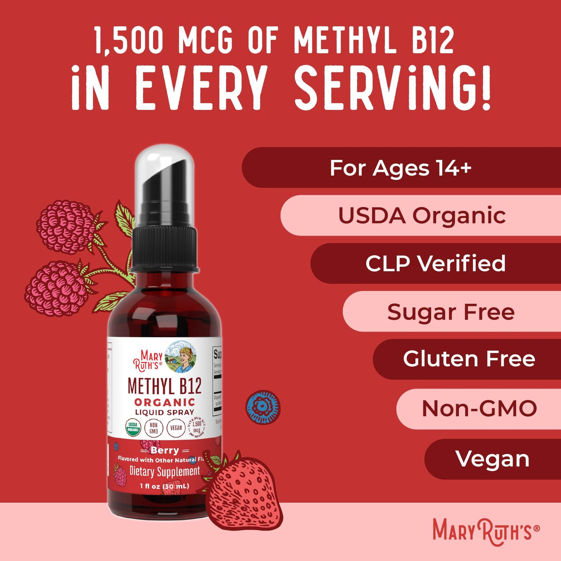 MaryRuth Organics Methyl B12 Spray | 1,500 mcg B12 Per Serving | Methylcobalamin | Energy Metabolism | Nervous System Support | Neuro Health | Vegan | Gluten Free | Sugar Free | 1 Fl Oz MARYRUTH'S uk supplements