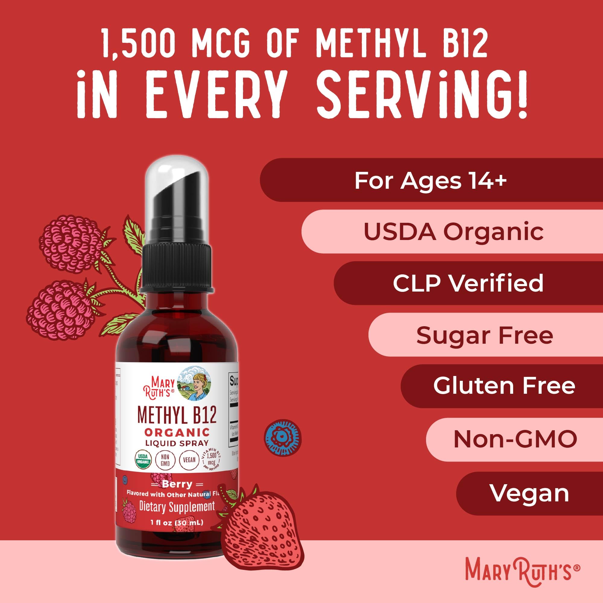 MaryRuth Organics Methyl B12 Spray | 1,500 mcg B12 Per Serving | Methylcobalamin | Energy Metabolism | Nervous System Support | Neuro Health | Vegan | Gluten Free | Sugar Free | 1 Fl Oz MARYRUTH'S uk supplements