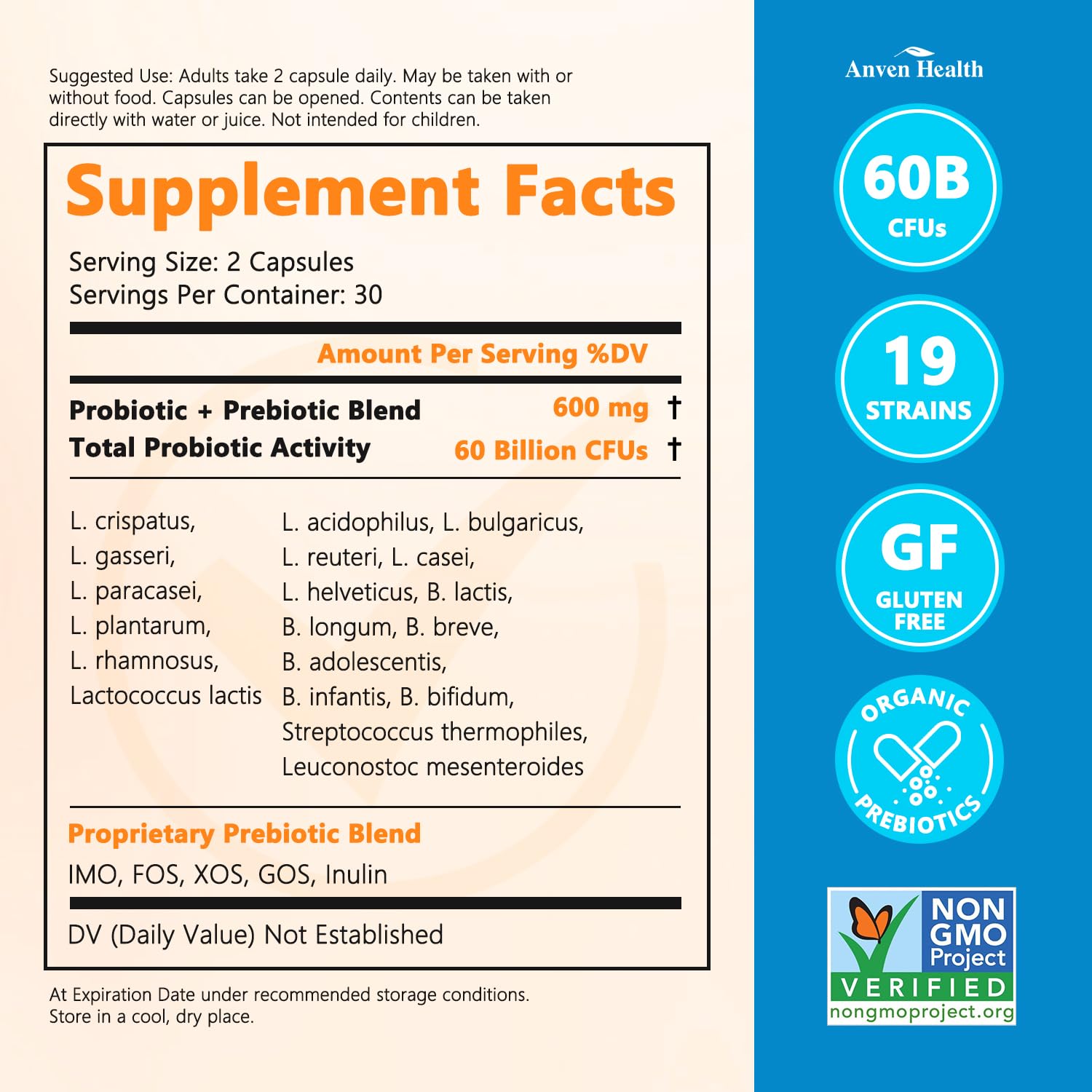Anven Health 60 Billion Probiotics for Women and Men 19 Strains 5 Organic Prebiotics for Gut Digestive & Immune Health, Supports Diarrhea Gas Bloating, Vegan Probiotic Supplement Formula丨120 Caps Anven Health uk supplements