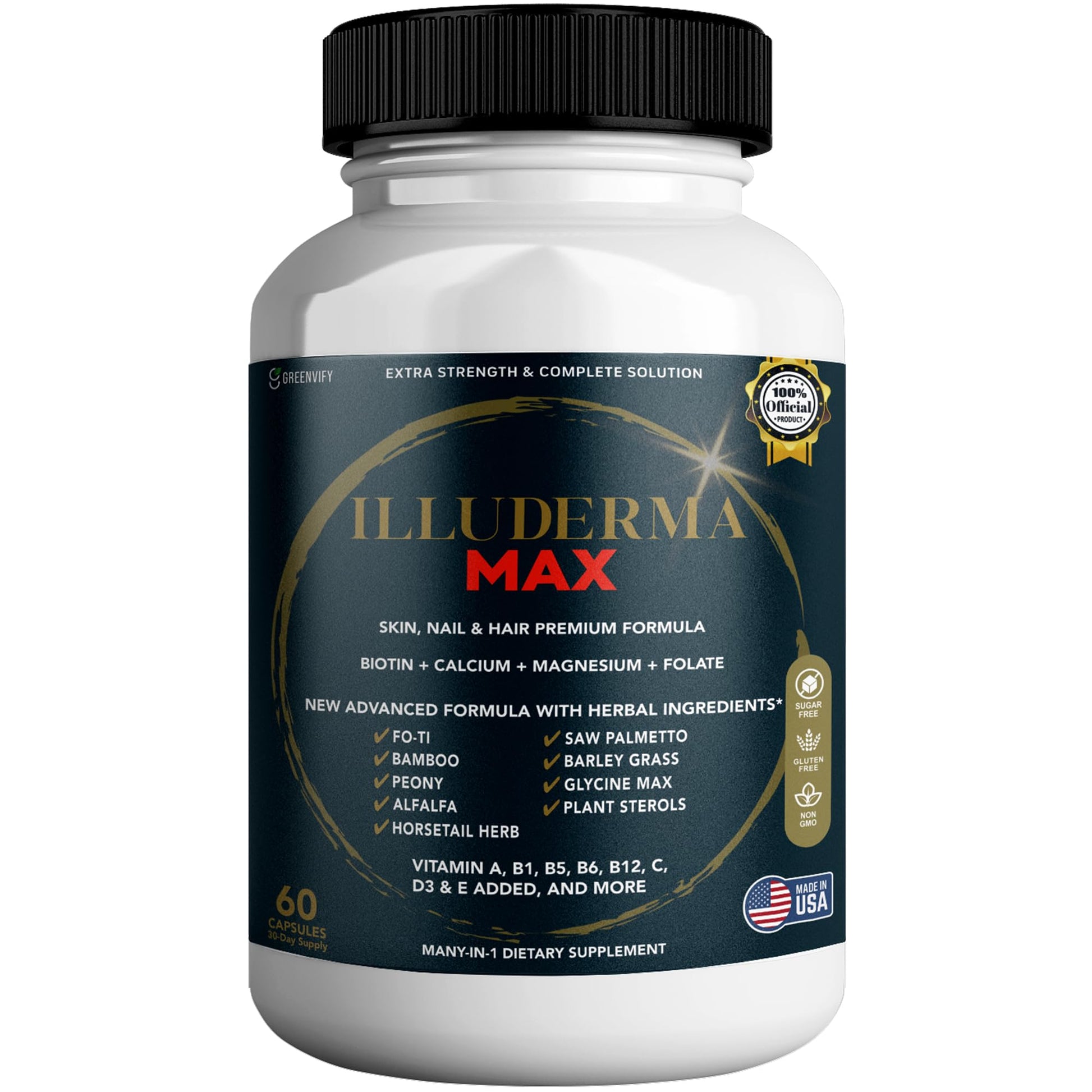 GREENVIFY Illuderma Max Hair, Skin and Nail Supplement, 60 Capsules, with Biotin 5000mcg, Vitamins and Herbal Blend (1) GREENVIFY uk supplements