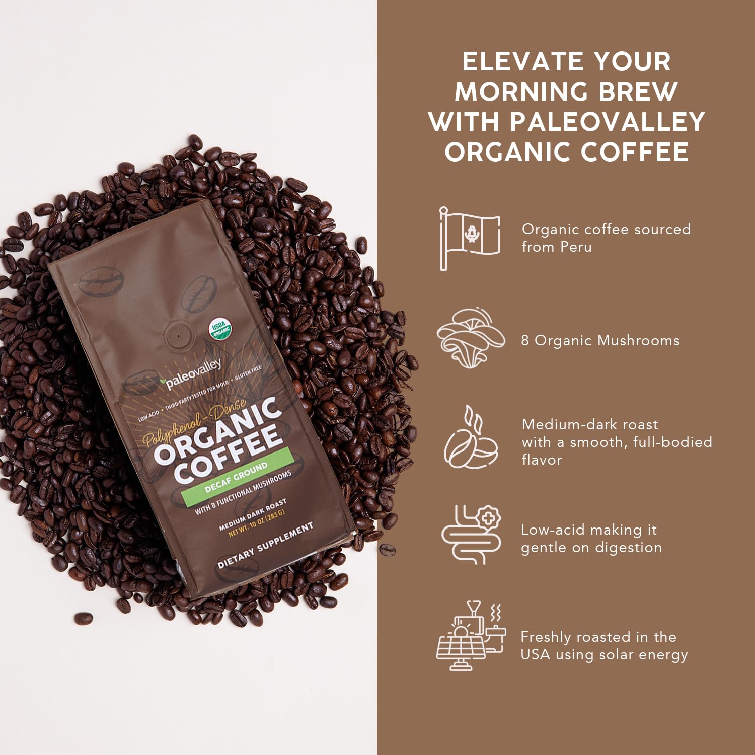 Paleovalley Organic Ground Coffee, 10oz - Decaf, Low Acid, Single-Origin, Polyphenol-Rich, Infused with Mushrooms Paleovalley uk supplements