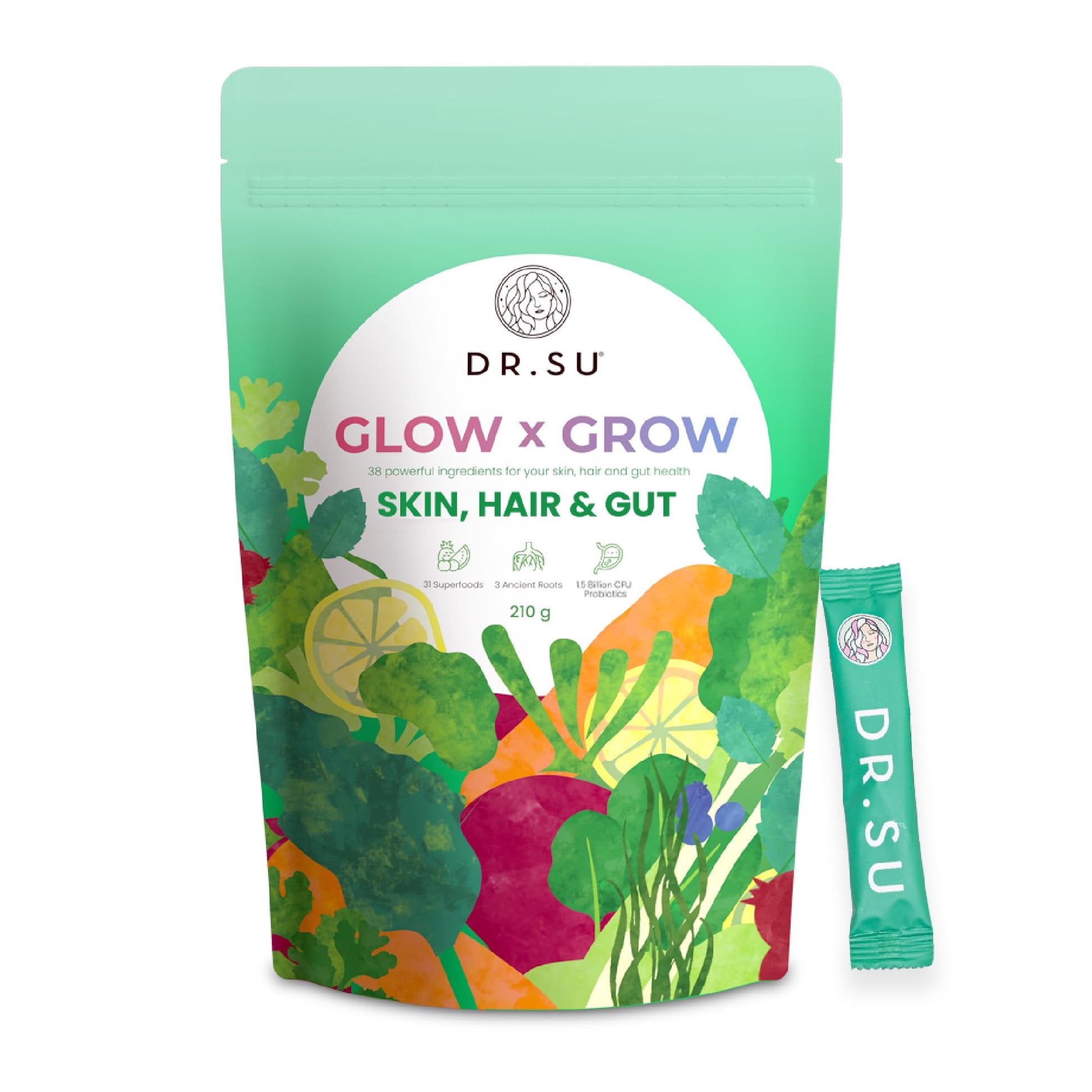 Dr.Su 6-in-1 Supplement Powder | Clear Skin, Strong Hair & Healthy Gut | with Vitamins, Minerals, Antioxidants, Probiotics, Fiber & Adaptogens | Lemon Mint | Sugar-Free | 30 Sachets | Unisex Dr.Su uk supplements