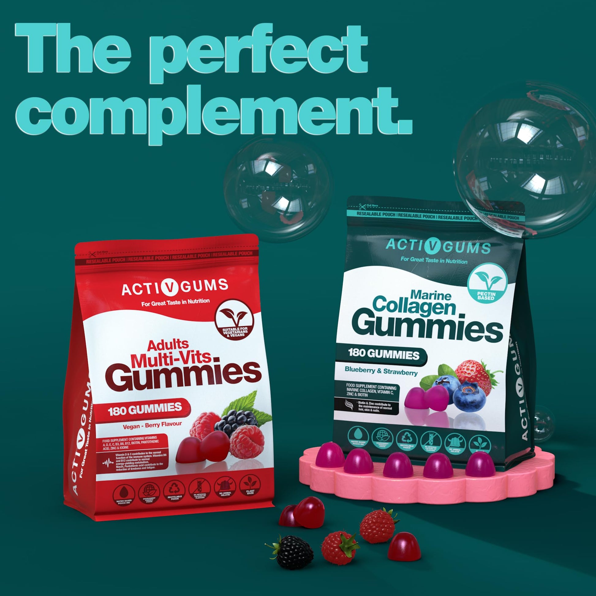 Marine Collagen Complex 180 Gummies. Strawberry & Blueberry Flavour. Resealable & Recyclable Pouch. Contains Marine Collagen, Vitamin C Activ Gums uk supplements