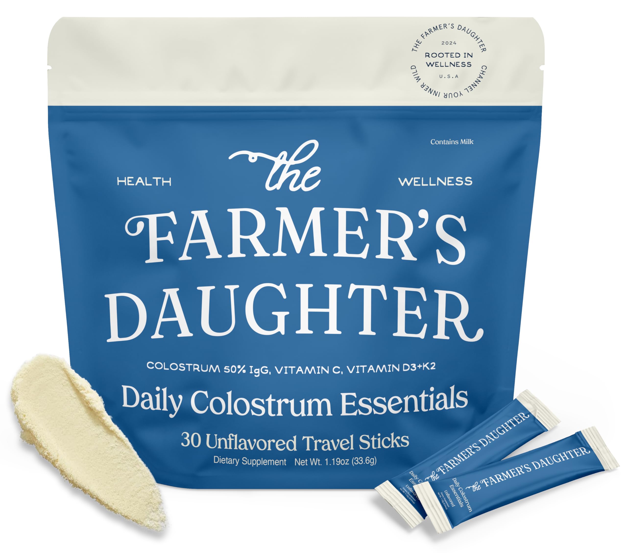 THE FARMER'S DAUGHTER Colostrum Powder | Unflavored | Gut Health & Bloating | Hair, Skin & Nails | Immunity Supplement | 30 Individual Travel Stick Packs THE FARMER'S DAUGHTER uk supplements