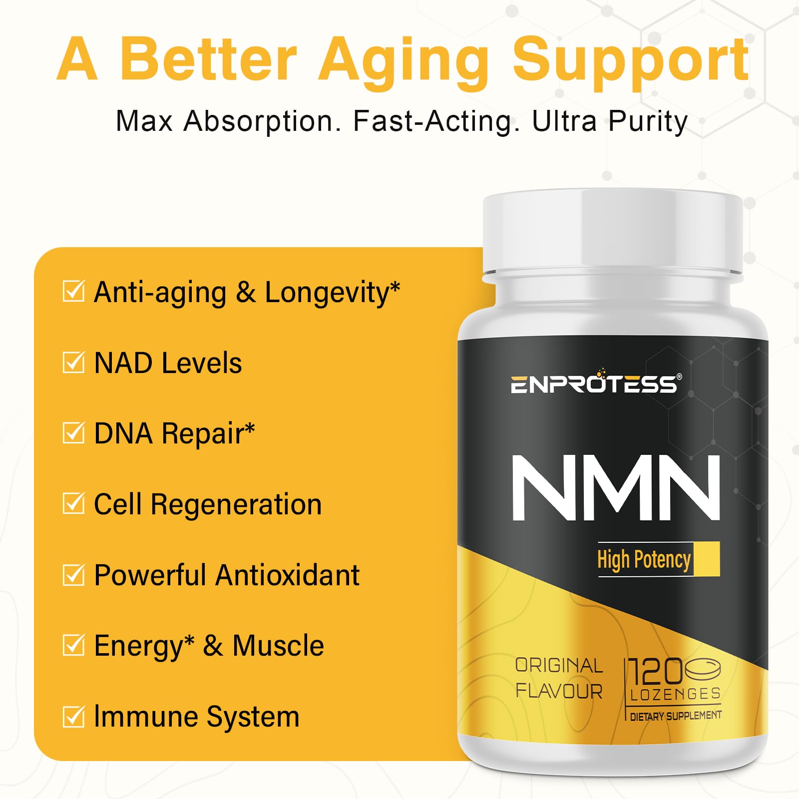 Sublingual NMN 500mg, Max Absorbency & Fast-Acting NMN Supplement（120-Day Supply）, 99% Pure NMN (Nicotinamide Mononucleotide) for NAD, Cell, Immune, Energy, Muscle, Anti-Aging, Longevity, 120 Lozenges Enprotess uk supplements
