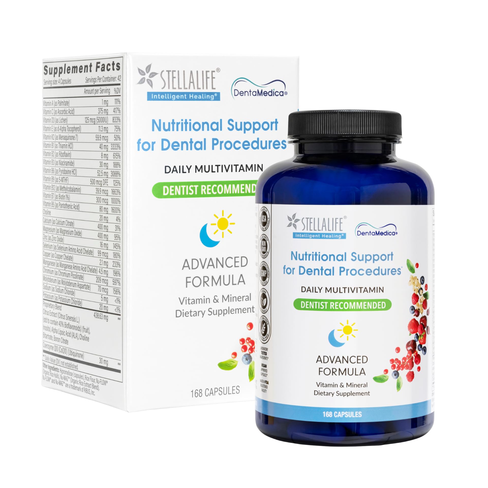 StellaLife DentaMedica Vegan Daily Multivitamin Nutritional Support for Faster Dental Surgery Recovery, VIT D3 K2 C B Zinc CoQ10 Magnesium, Healthy Bones & Gums, Non-GMO, GMP USA, 168 Capsules StellaLife uk supplements