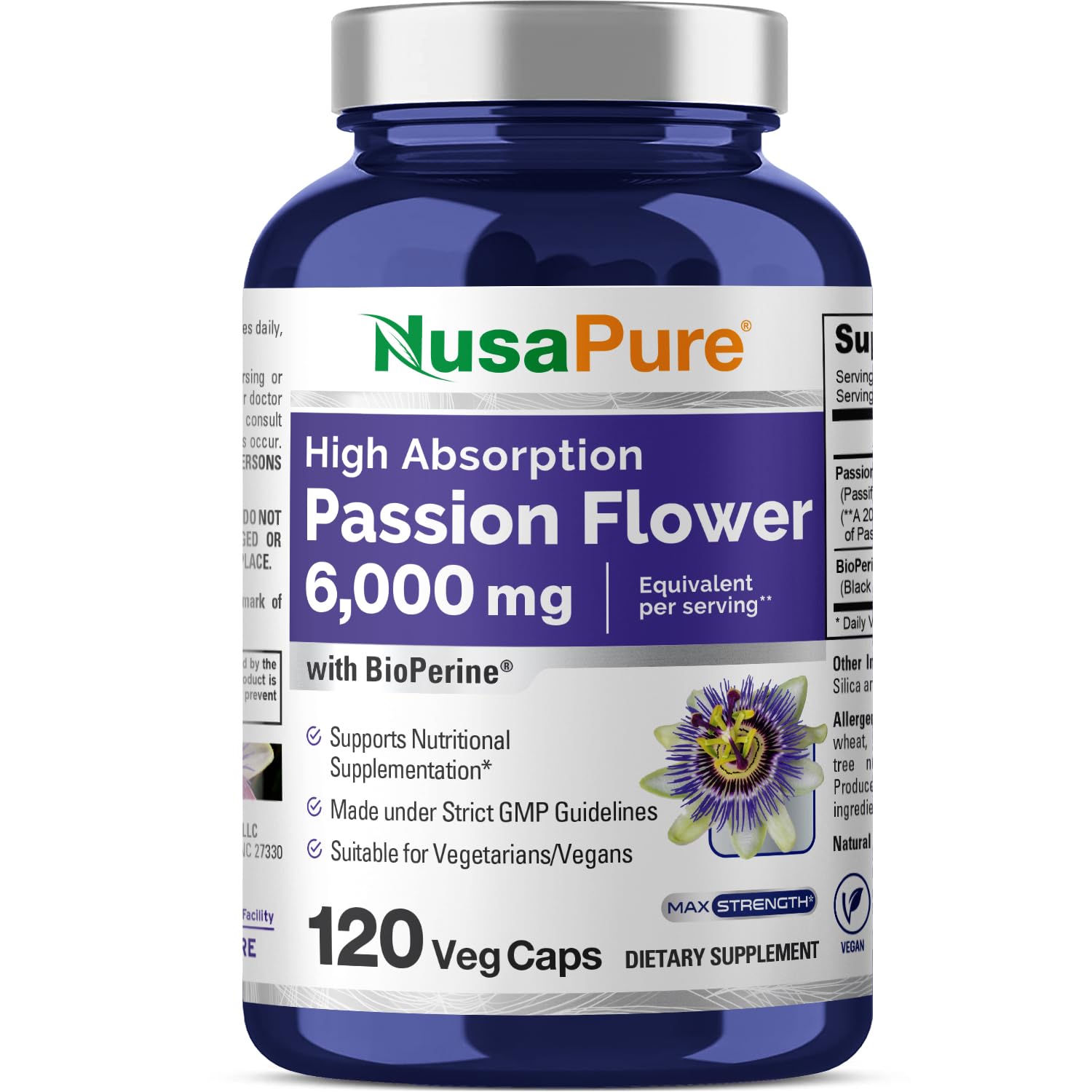NusaPure Passion Flower 20:1 Extract, 300 mg Equivalent to 6,000mg, 120 Veggie Caps, Non-GMO, Bioperine, & Vegan Extract Supplement NusaPure uk supplements
