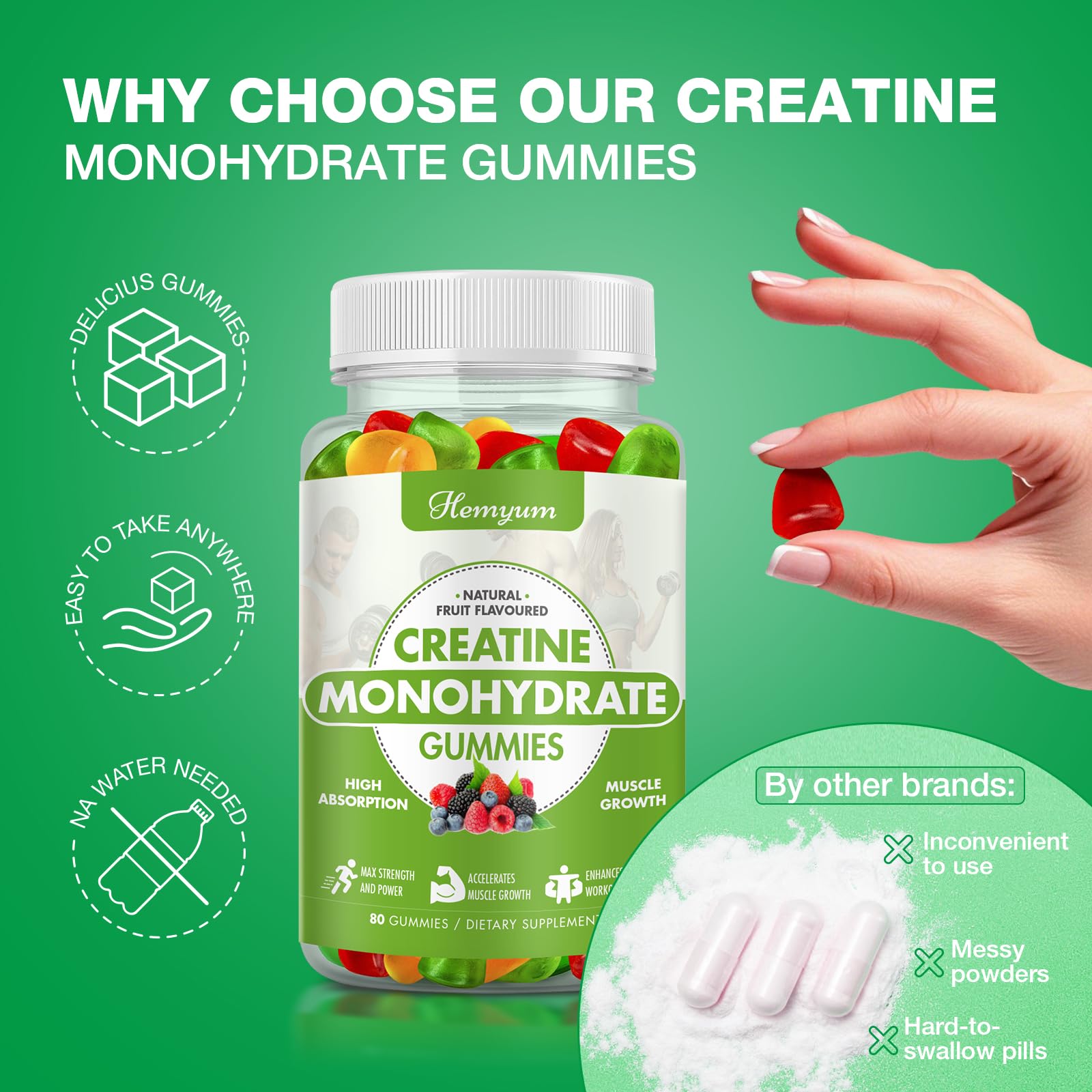 Creatine Monohydrate Gummies - Pre-Workout Creatine for Women Men, Enhanced Muscle Strength, Boost Focus and Endurance, Muscle Builder,Complex L-Taurine + Vitamin B12,Vegan, Gluten-Free 160 Count Hemyum uk supplements