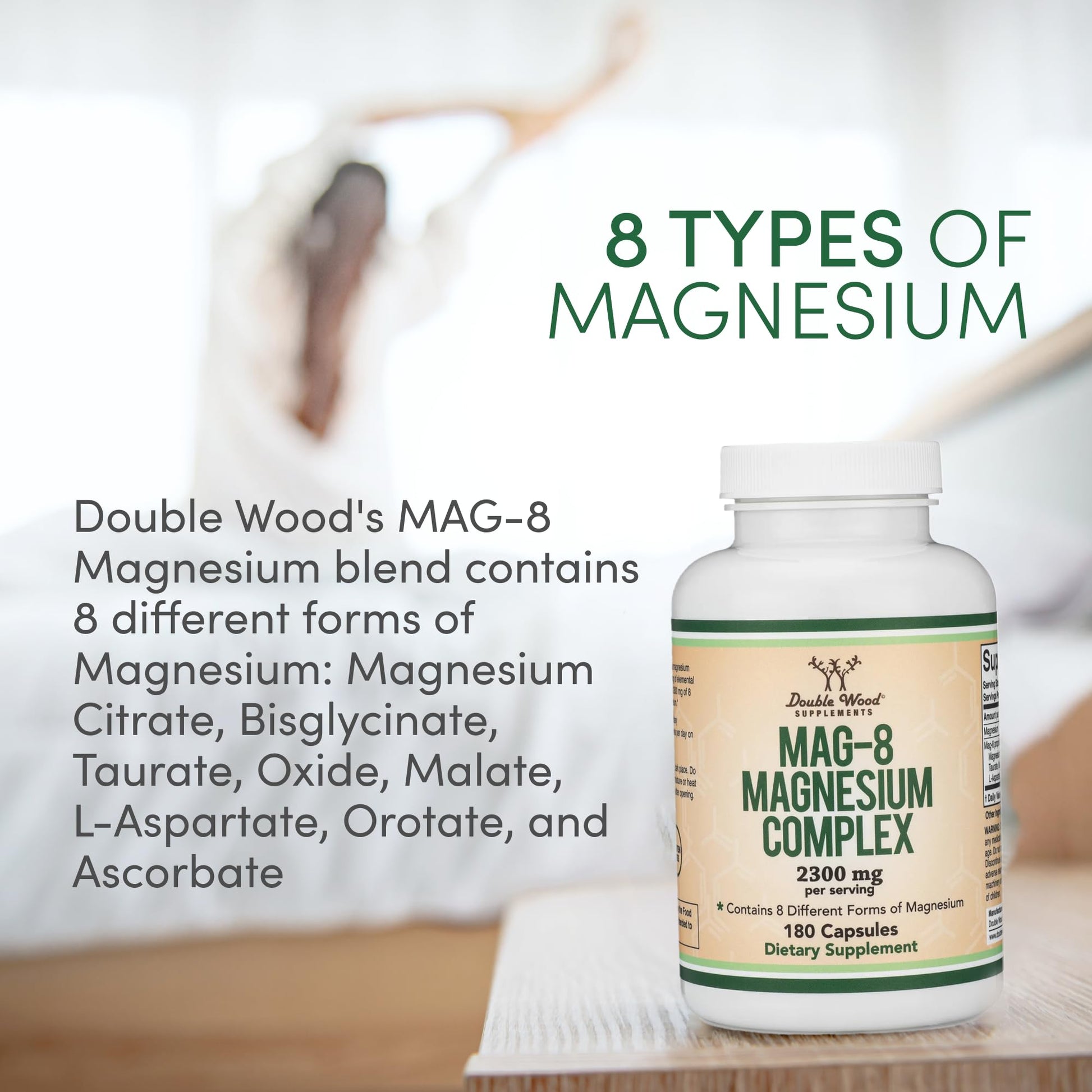 Magnesium Complex Supplement 180 Capsules (426mg Elemental Magnesium Provided by 2,300mg of Eight Different Forms of Magnesium) MAG-8 Provides 100% Daily Recommended Value of Magnesium by Double Wood Double Wood Supplements uk supplements