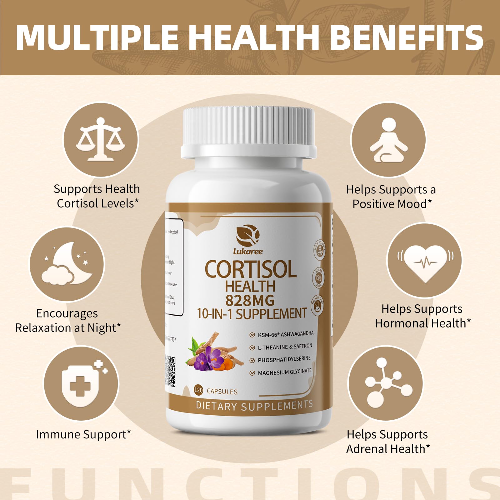 10-IN-1 Cortisol Supplements w/ KSM-66® Ashwagandha 300mg + L-Theanine 250mg, Magnesium Glycinate, Saffron, Phosphatidylserine, Turmeric & Vitamin C D3 B6 B5, For Women Men, 120 Capsules 60-Day Supply Lukaree uk supplements