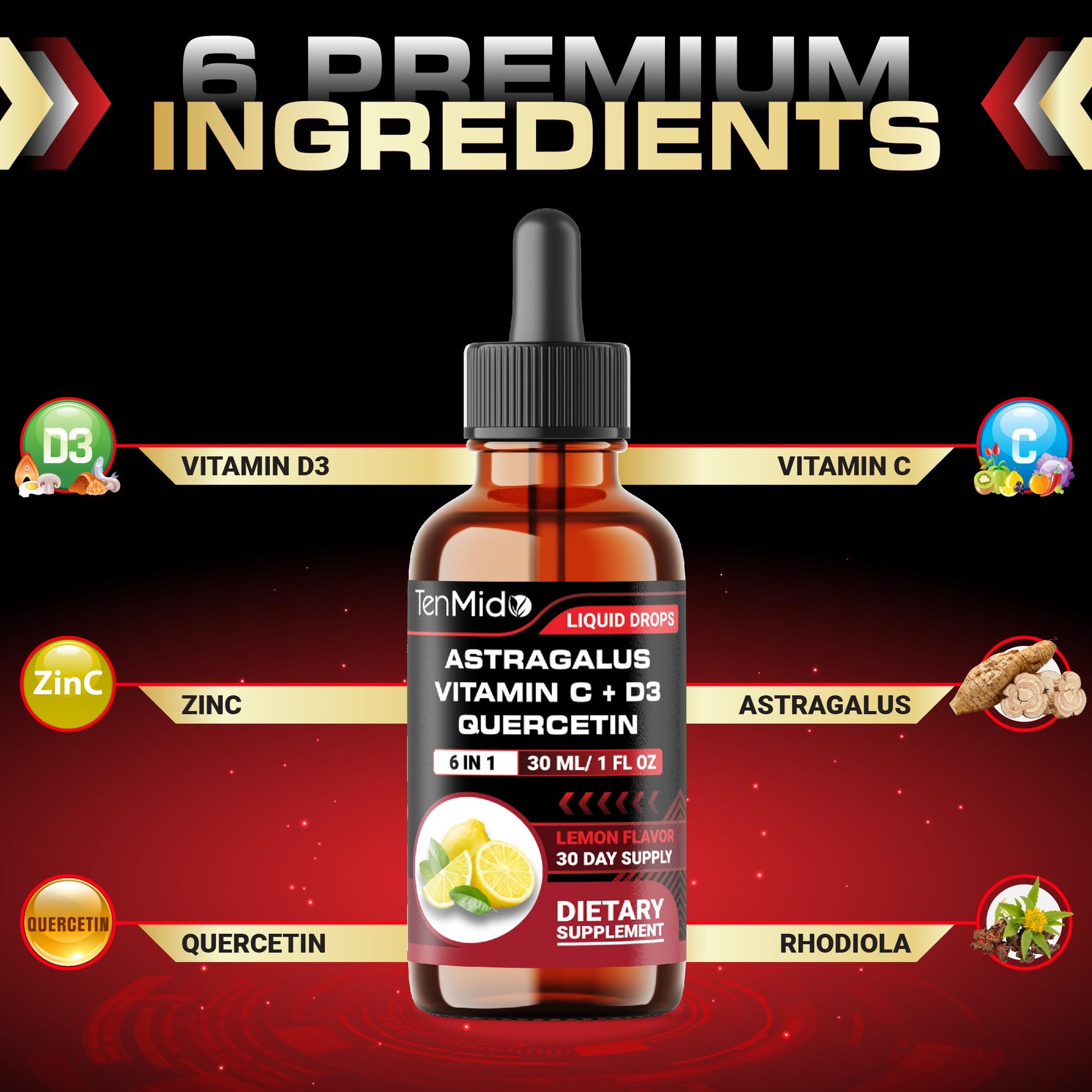 Tenmido 6-in-1 Astragalus Root Tincture - Herbal Extract Supplements with Quercetin, Rhodiola Rosea, Vitamin D3, Vitamin C, and Zinc - Vegan, Non-GMO - 30ml 1 Fl Oz Tenmido uk supplements