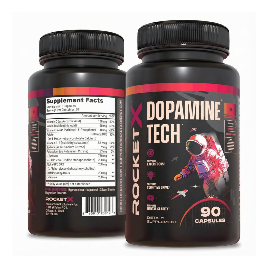 RocketX Dopamine Tech Brain Food Supplement, with L-Tyrosine and B Vitamins for Focus, Mental Clarity and Cognitive Drive, Vegan Capsules, 90 Capsules RocketX Energy uk supplements