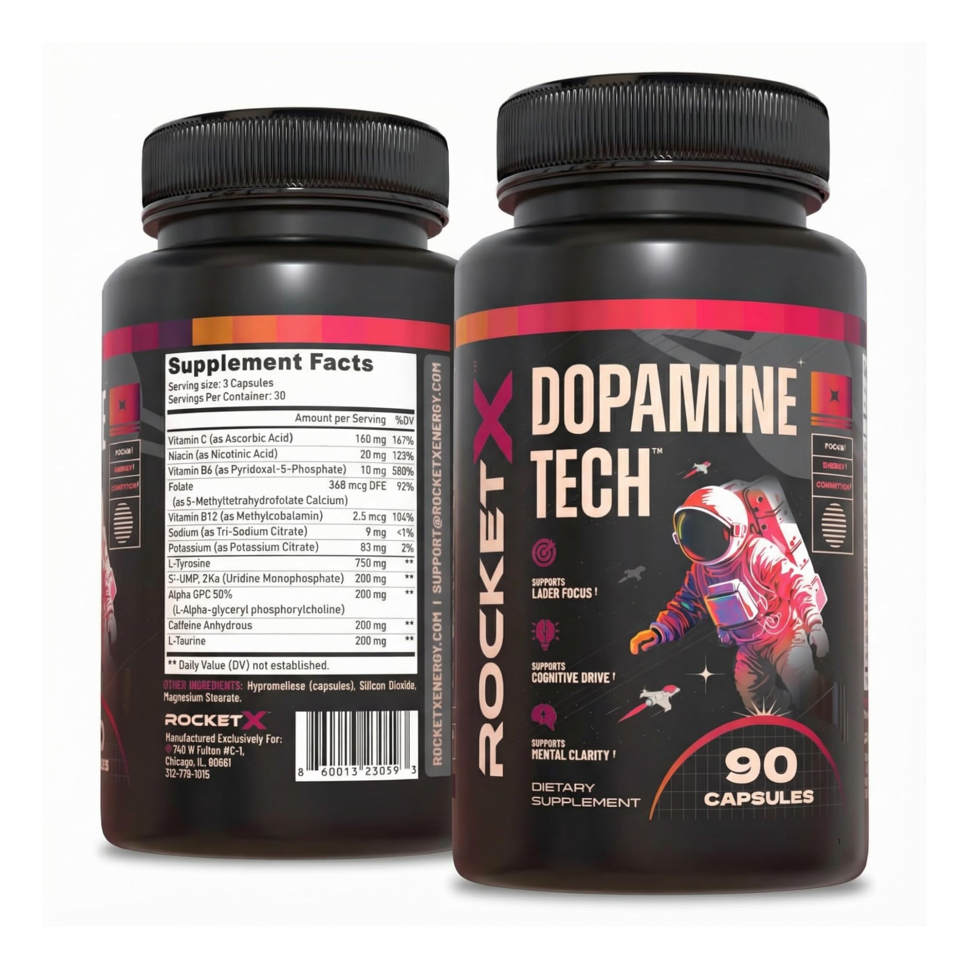 RocketX Dopamine Tech Brain Food Supplement, with L-Tyrosine and B Vitamins for Focus, Mental Clarity and Cognitive Drive, Vegan Capsules, 90 Capsules RocketX Energy uk supplements