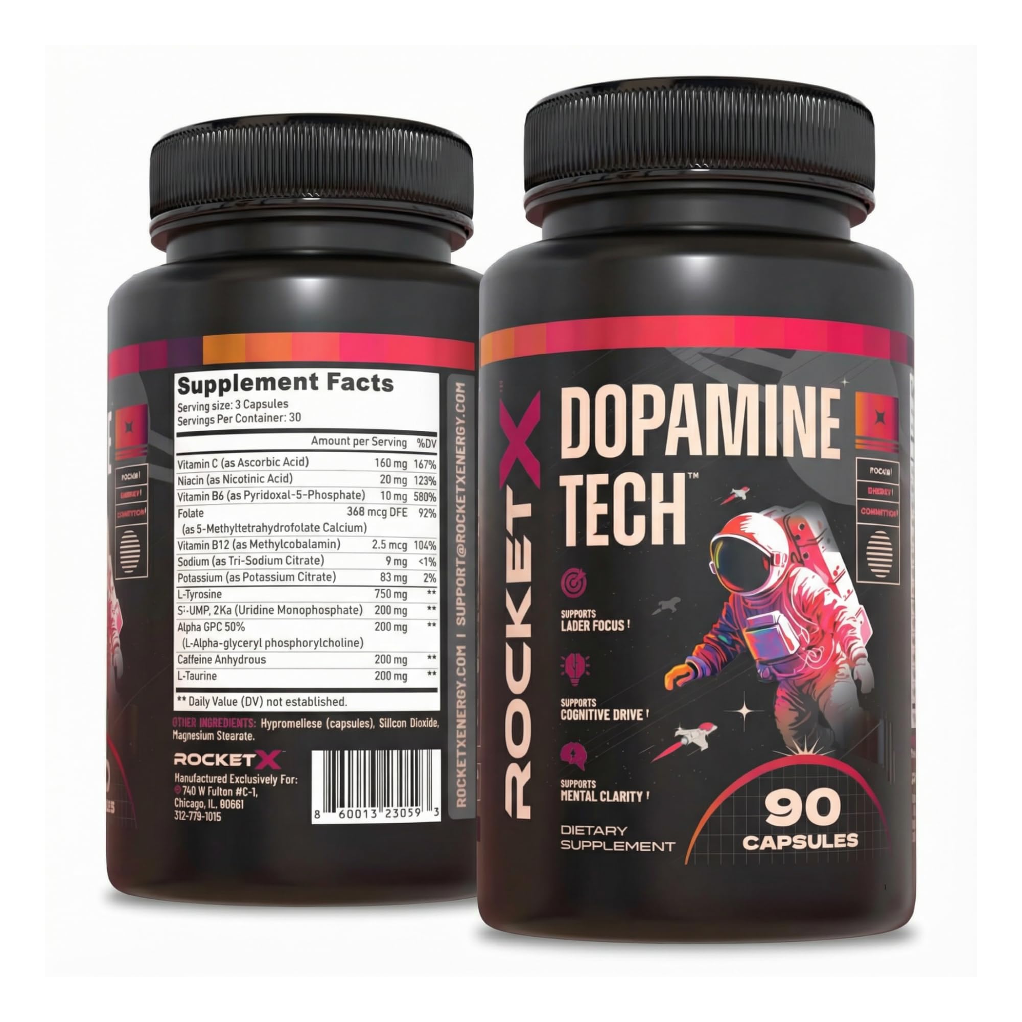 RocketX Dopamine Tech Brain Food Supplement, with L-Tyrosine and B Vitamins for Focus, Mental Clarity and Cognitive Drive, Vegan Capsules, 90 Capsules RocketX Energy uk supplements