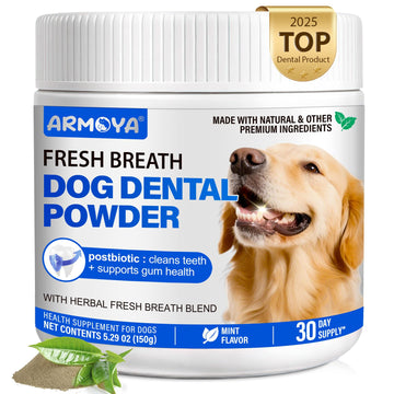 Dog Teeth Cleaning Powder - Dental Powder for Dogs Teeth - Plaque Removal - Supports Gum Health - Tartar Remover with Natural Herb Blend and Postbiotics 30 Day Supply - Mint Flavor ARMOYA uk supplements