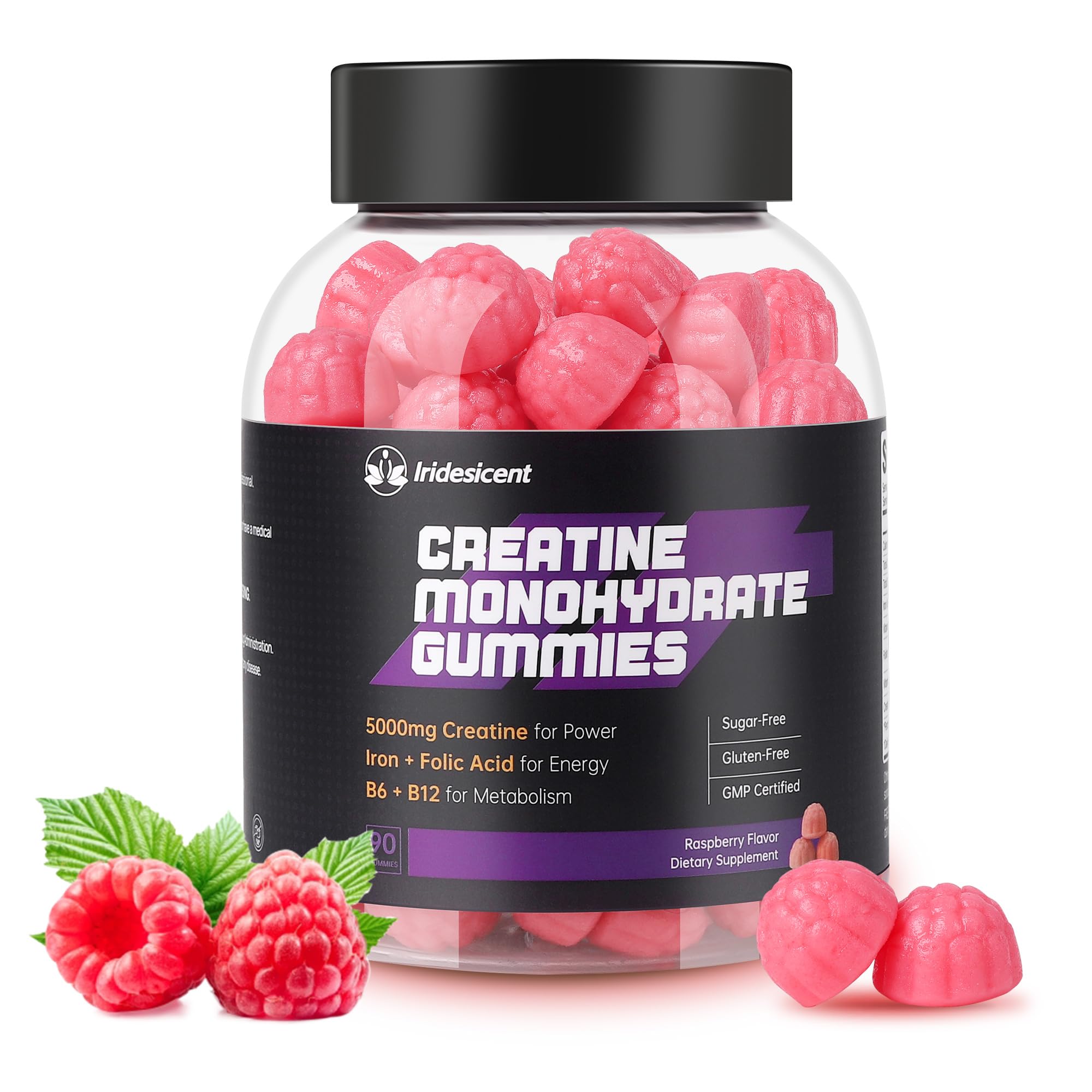 IRIDESICENT Creatine Monohydrate Gummies 5000mg w/Iron, Vitamin B6 & B12, Sugar Free 5g Creatine Supplements for Women and Men Boost Energy & Muscle Recovery - 90 Raspberry Gummies IRIDESICENT uk supplements