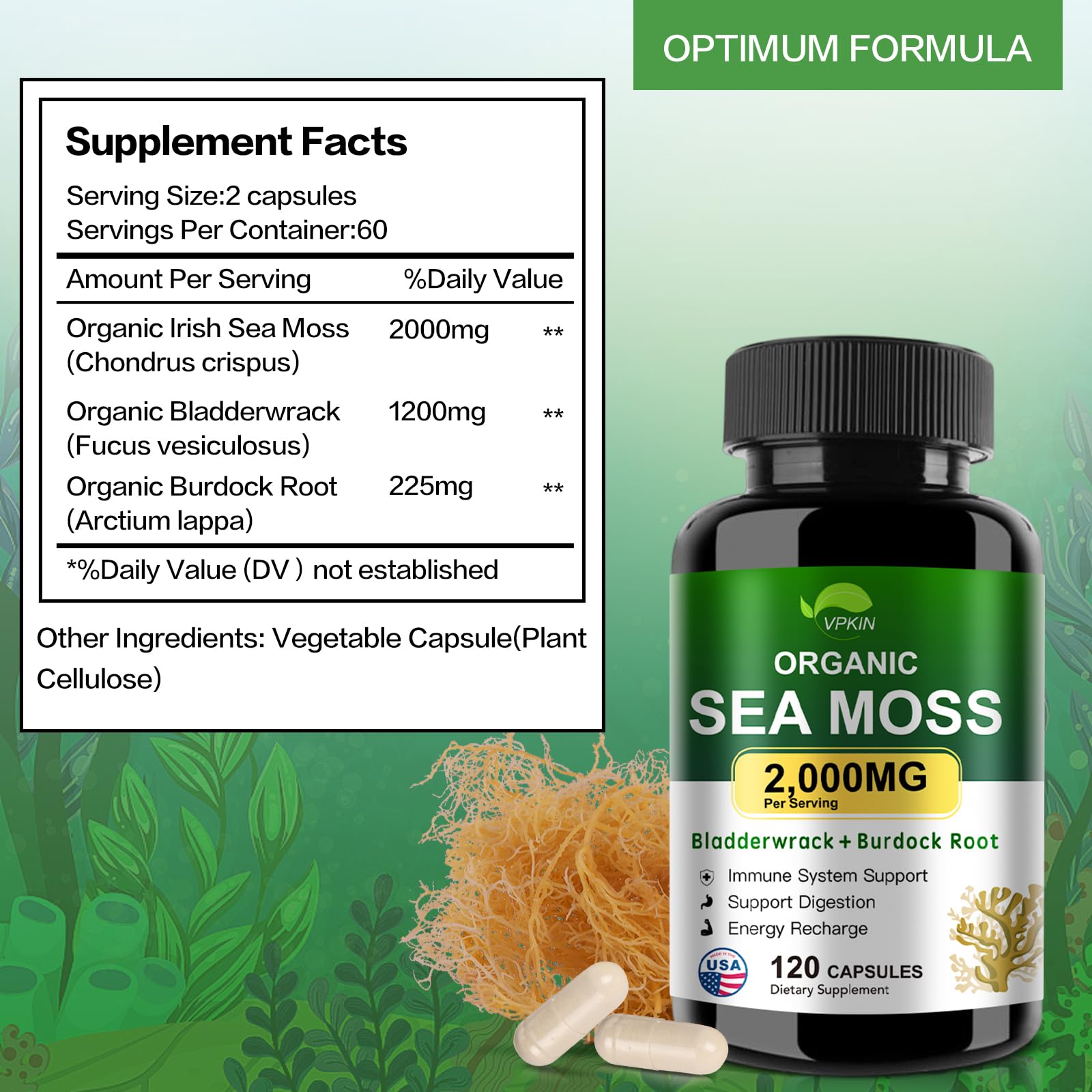 VPKIN Organic Sea Moss Capsules with Bladderwrack,Burdock Root and Black Pepper Extract-Irish SeaMoss Pills 2000mg-Promotes Immune System,Thyroid Support(120 Capsules) VPKIN uk supplements