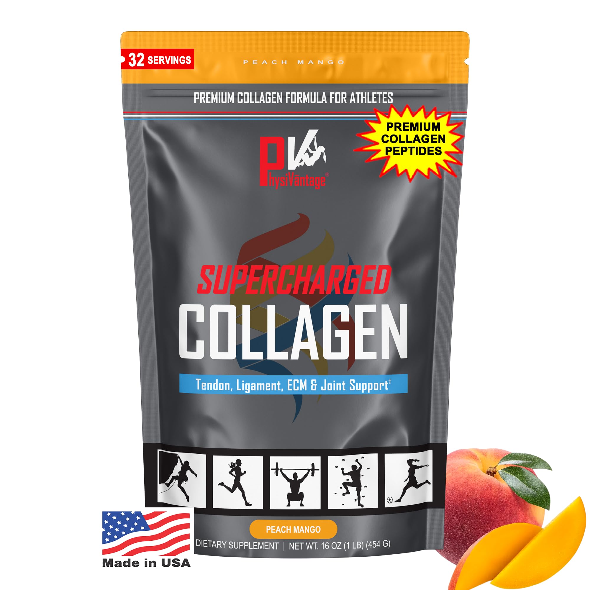 PhysiVantage Supercharged Collagen Peptides Powder - Hydrolyzed Collagen for Joint, Tendon, Ligament, & Skin Health Support - Peach Mango, Keto, Paleo, 16oz | Enhanced with Vitamin C, BCAAs, Grass-Fed PhysiVantage uk supplements
