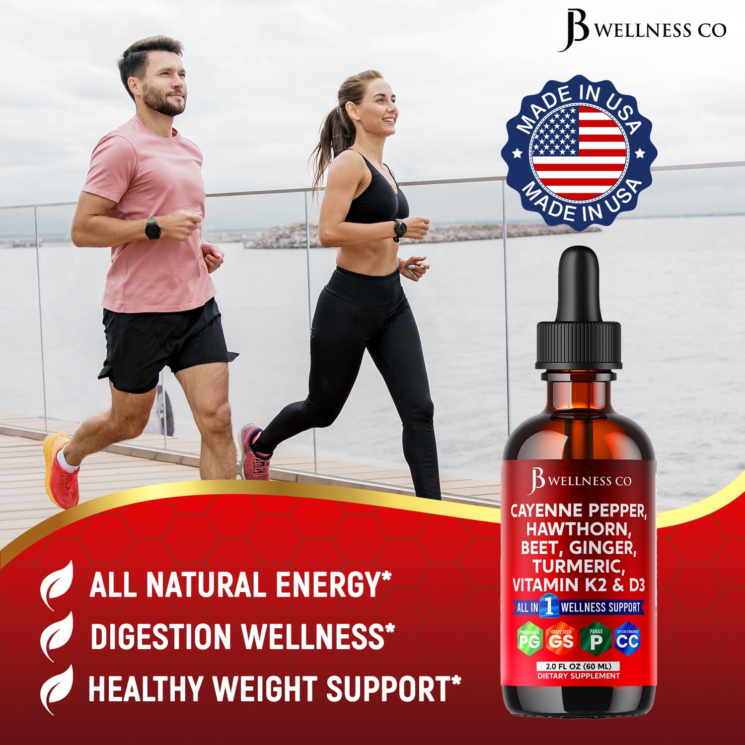 Cayenne Pepper Supplement Liquid Drops + Hawthorn Berry, Vitamin D3 K2 Beet Root Powder, Ceylon Cinnamon, Turmeric Curcumin, Organic Panax Ginseng - 4oz JB Wellness Co uk supplements