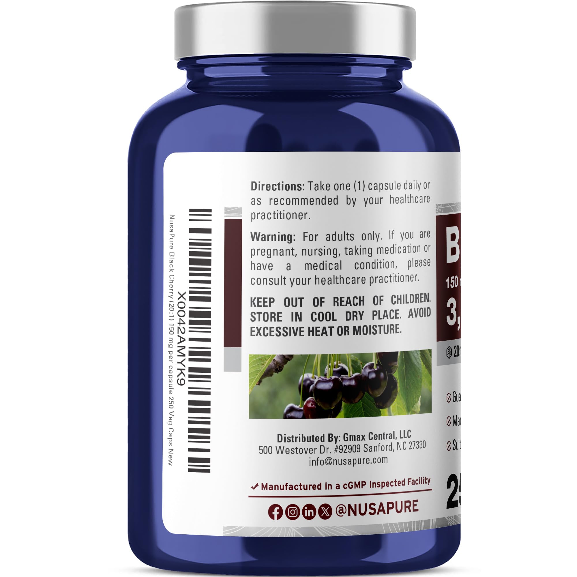 NusaPure Black Cherry Extract 20:1 - Suitable for Vegetarian/Vegan, Non - GMO - 3,000mg 250 Capsules NusaPure uk supplements