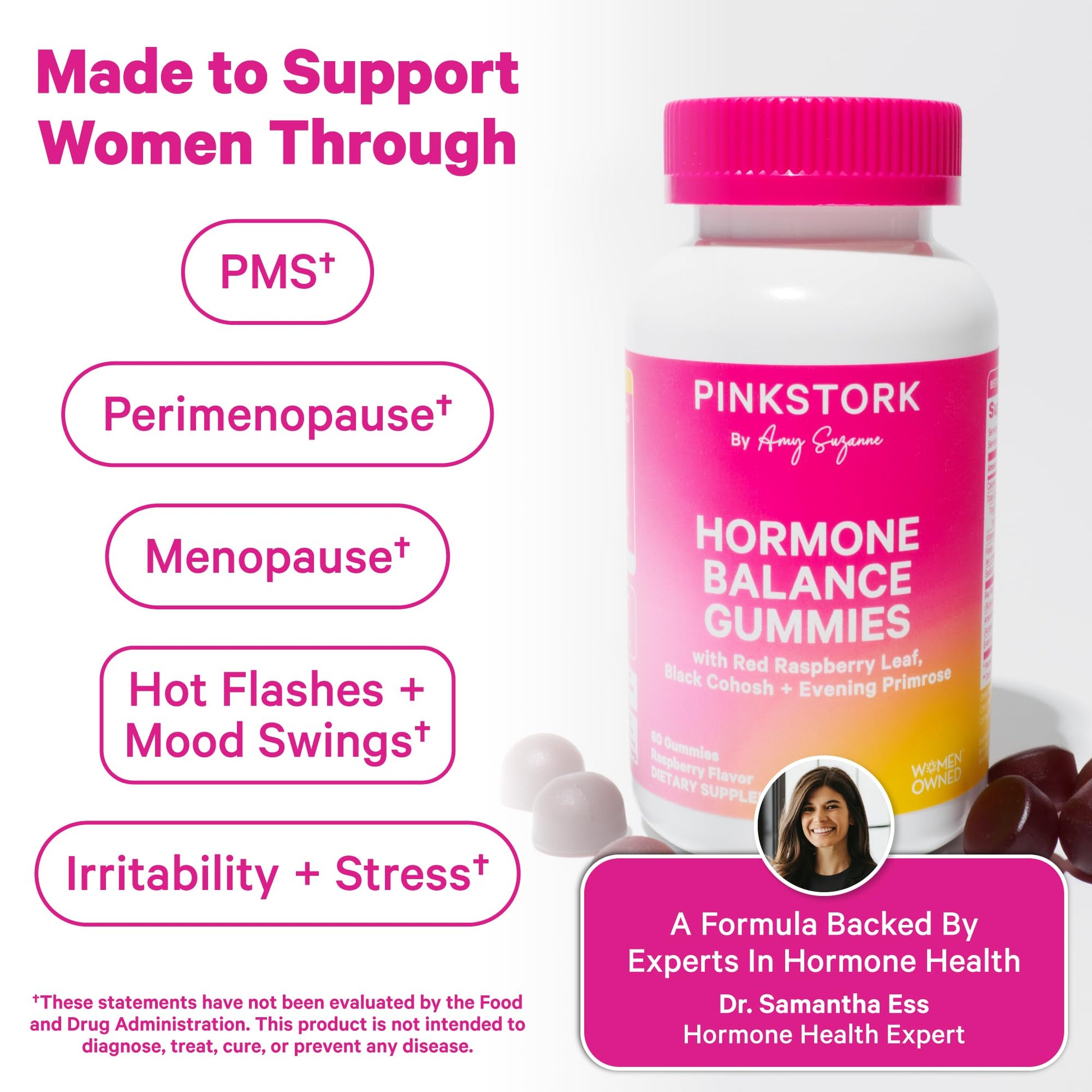Pink Stork Hormone Balance Gummies for Women – PMS, Menopause & Estrogen Support – Mood, Bloating, Hot Flashes & Energy – Red Raspberry Leaf, Black Cohosh, Primrose – 60 Vegan Gummies Pink Stork uk supplements