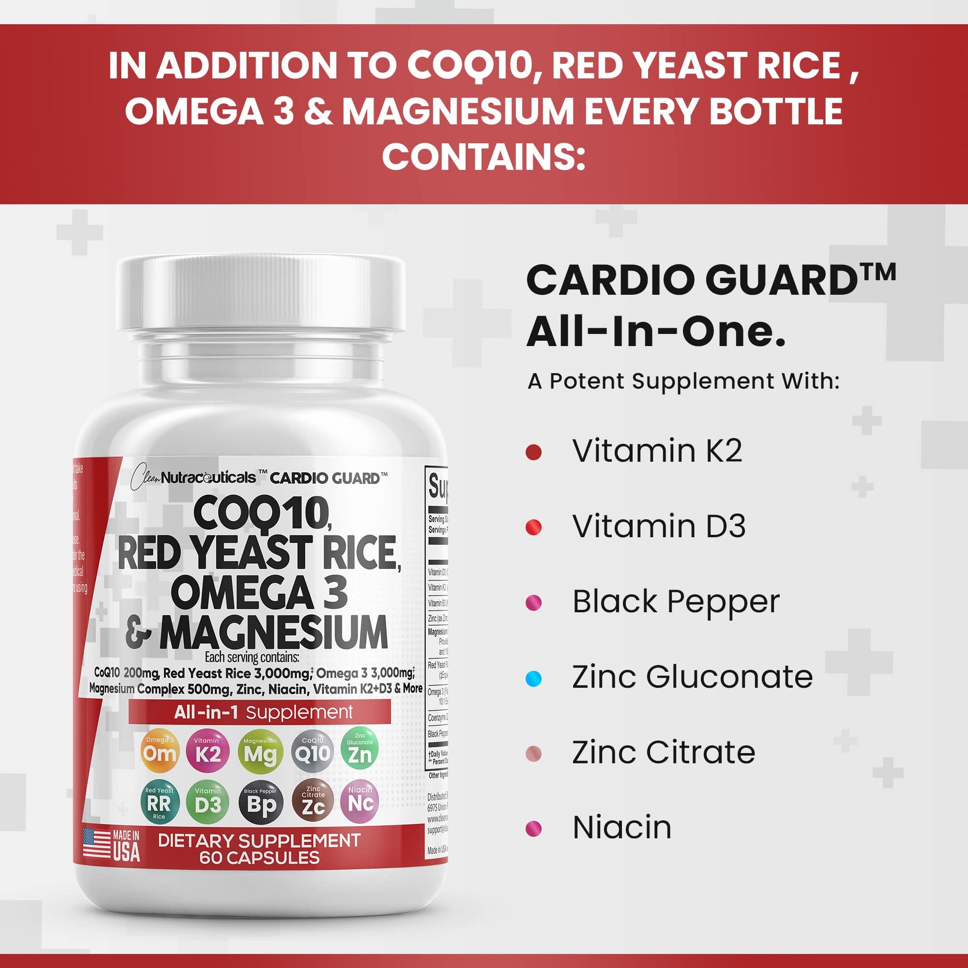 COQ10 200mg Red Yeast Rice 3000mg Omega 3 3000mg Magnesium Clean Nutraceuticals uk supplements