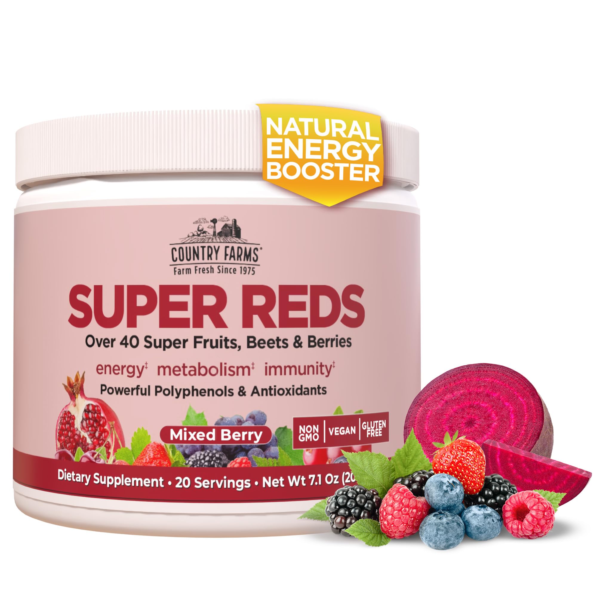 COUNTRY FARMS Super Reds, Energizing Polyphenol Superfood, 48 Super Fruits and Berries, Powerful Antioxidants and Polyphenols, Supports Energy, 20 Servings, Mixed Berry Flavor Country Farms uk supplements