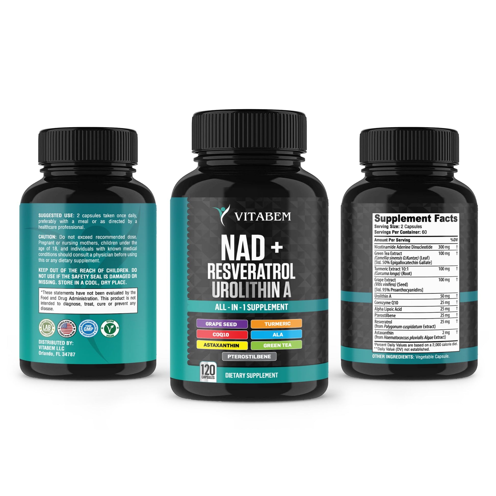 NAD+ Supplement Complex – NAD Supplement+ 300 mg with Astaxanthin, Urolithin A, Resveratrol, CoQ10 & Antioxidant Blend – Cellular Energy, Mitochondrial Support – 120 Count (Pack of 1) Vitabem uk supplements