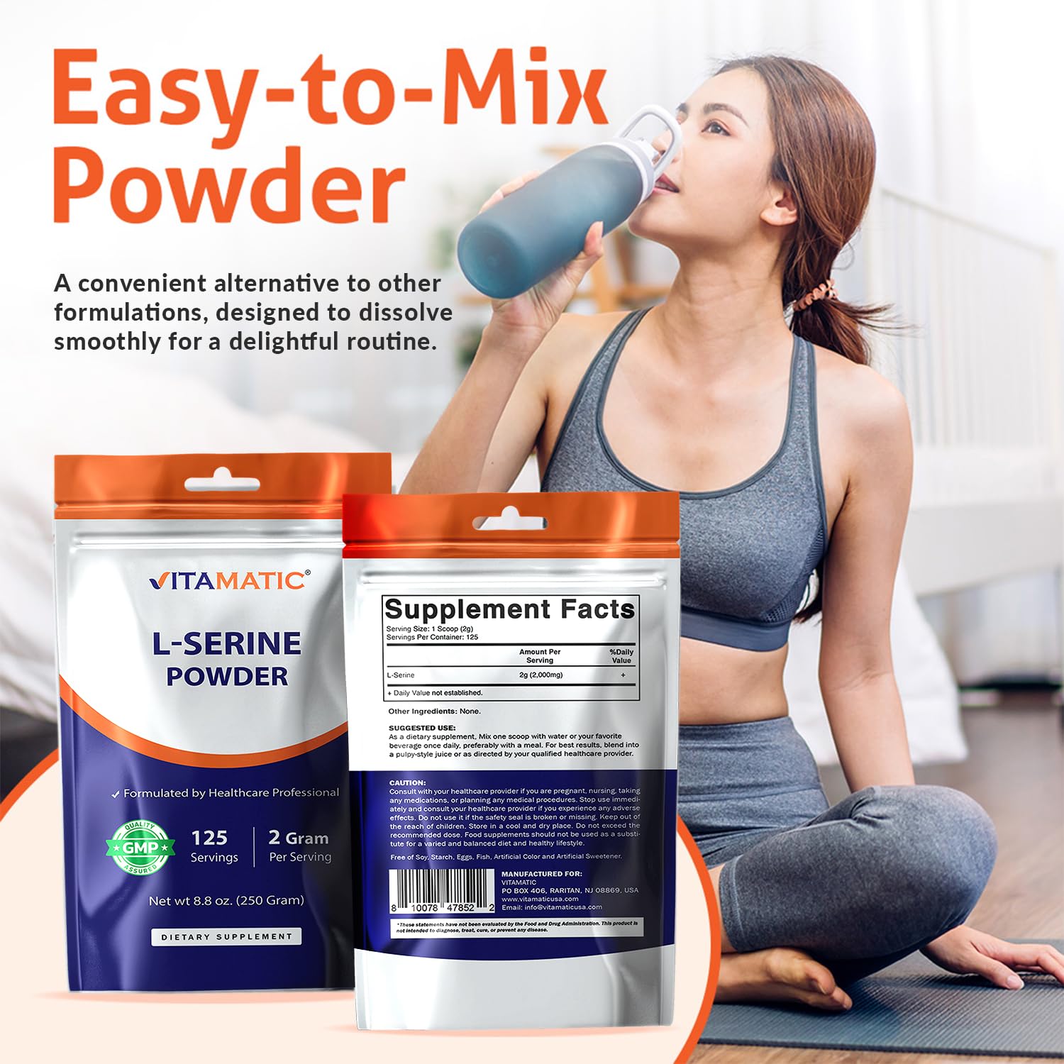 Vitamatic L-Serine Pure Powder 250 Gram | 2000 mg per Serving | 125 Servings | Unflavored | No Additives | Free of Soy, Eggs, Fish & Artificial Ingredients Vitamatic uk supplements